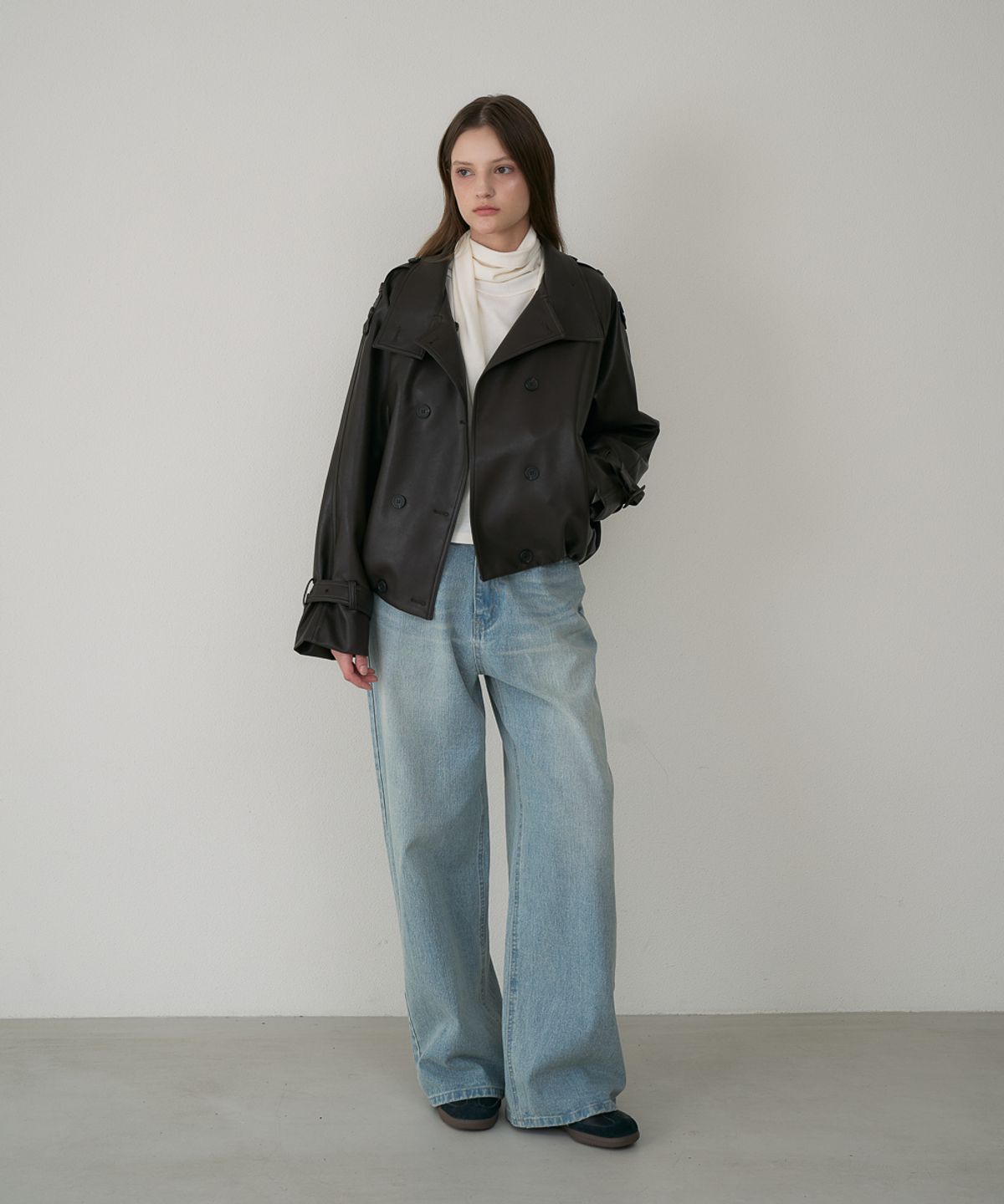 드헤베(DEHEVE) Double High-neck Leather Jumper [Brown]