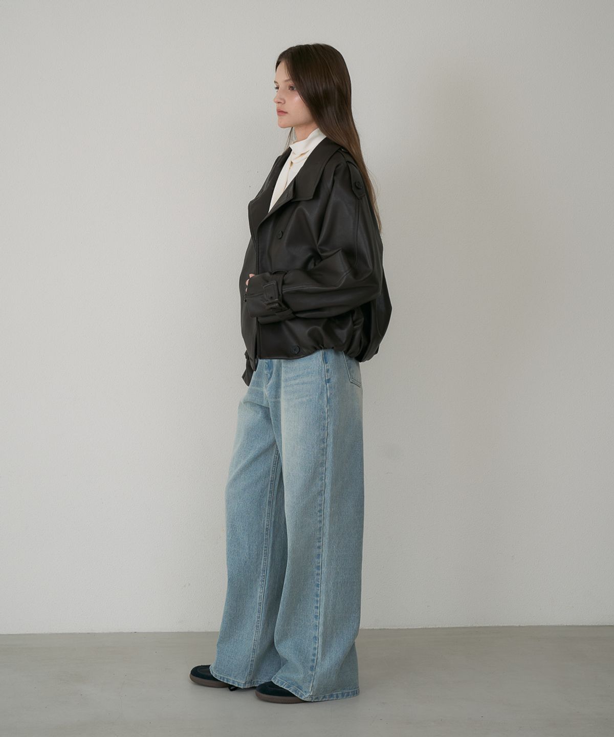 드헤베(DEHEVE) Double High-neck Leather Jumper [Brown]