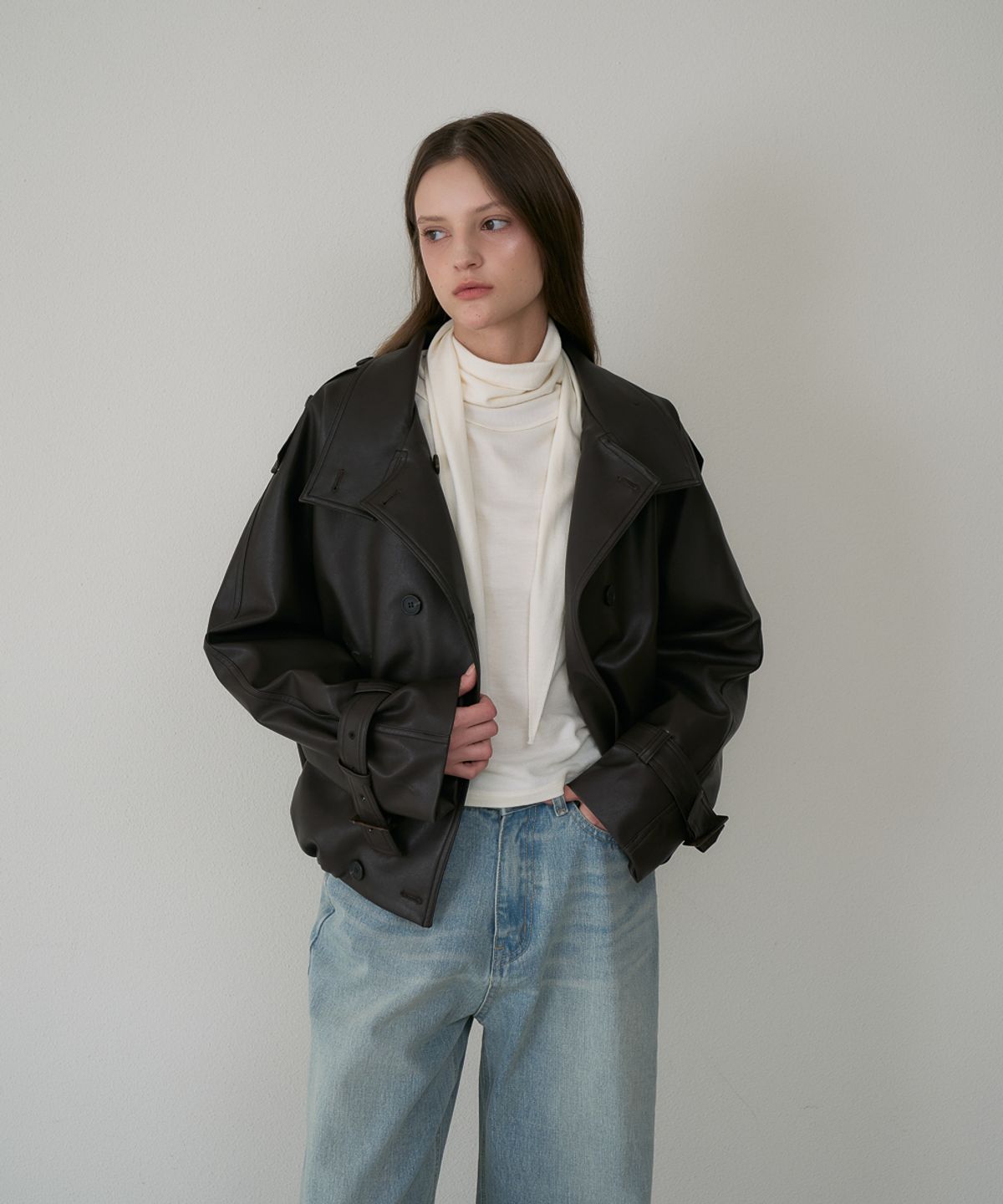 드헤베(DEHEVE) Double High-neck Leather Jumper [Brown]