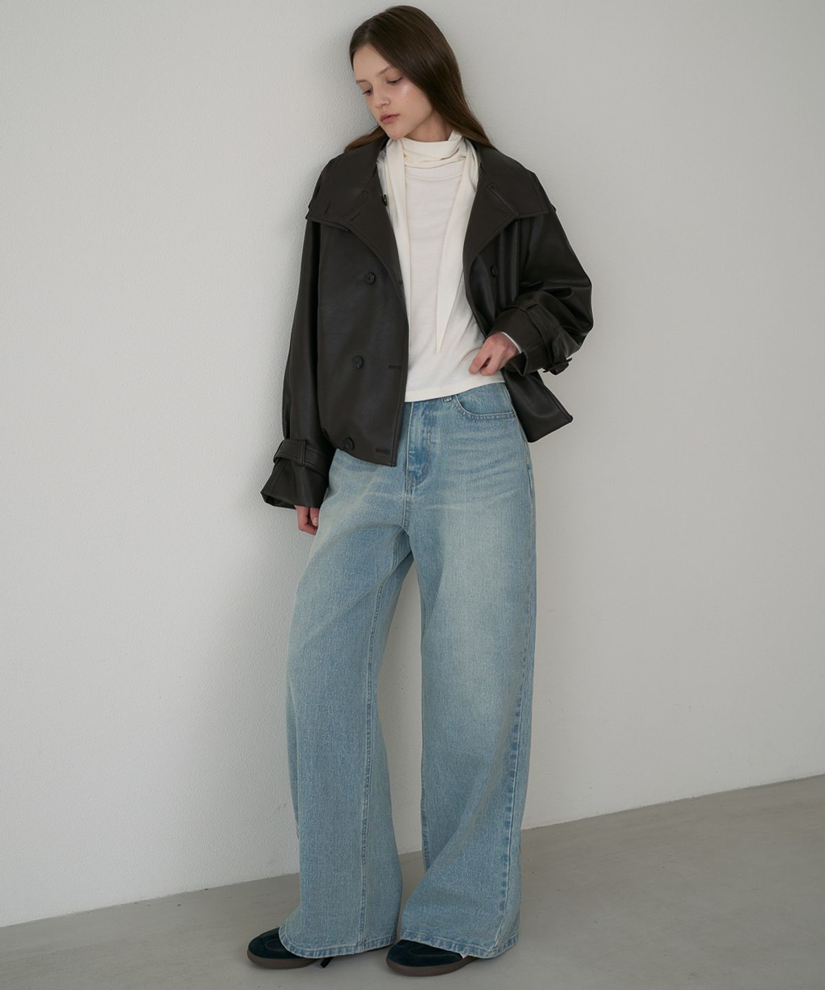 드헤베(DEHEVE) Double High-neck Leather Jumper [Brown]