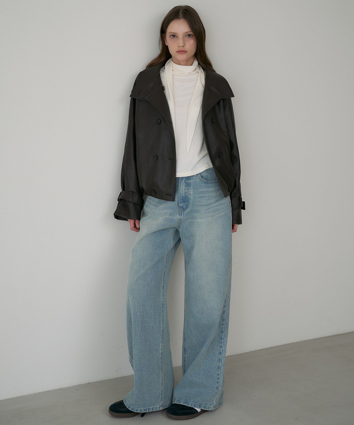 드헤베(DEHEVE) Double High-neck Leather Jumper [Brown]