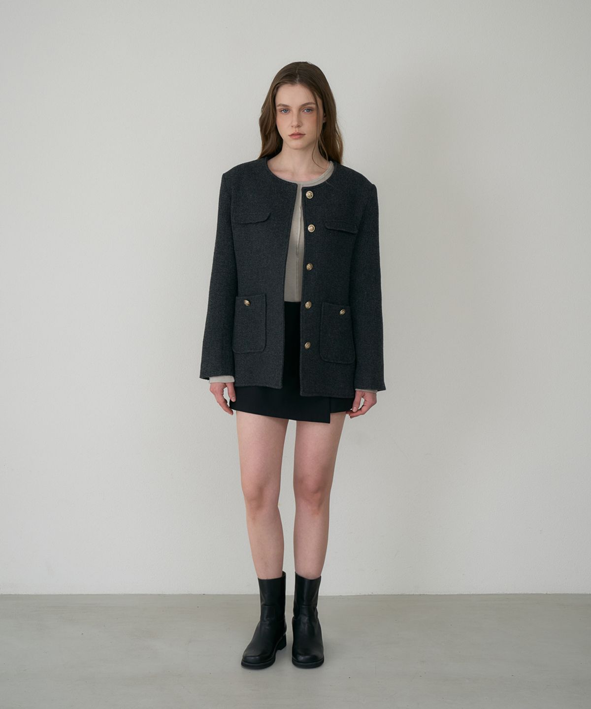 드헤베(DEHEVE) Classic Wool Collarless Jacket [Charcoal]