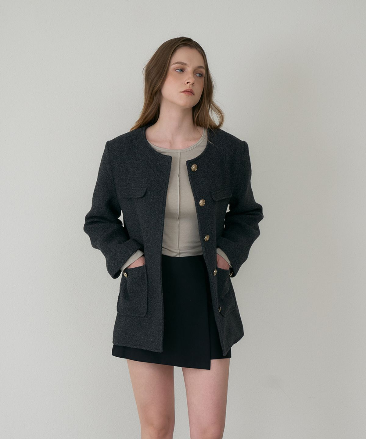 드헤베(DEHEVE) Classic Wool Collarless Jacket [Charcoal]