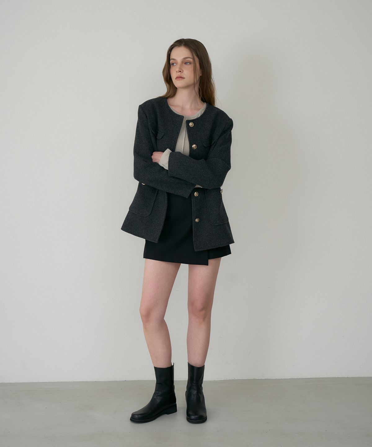 드헤베(DEHEVE) Classic Wool Collarless Jacket [Charcoal]