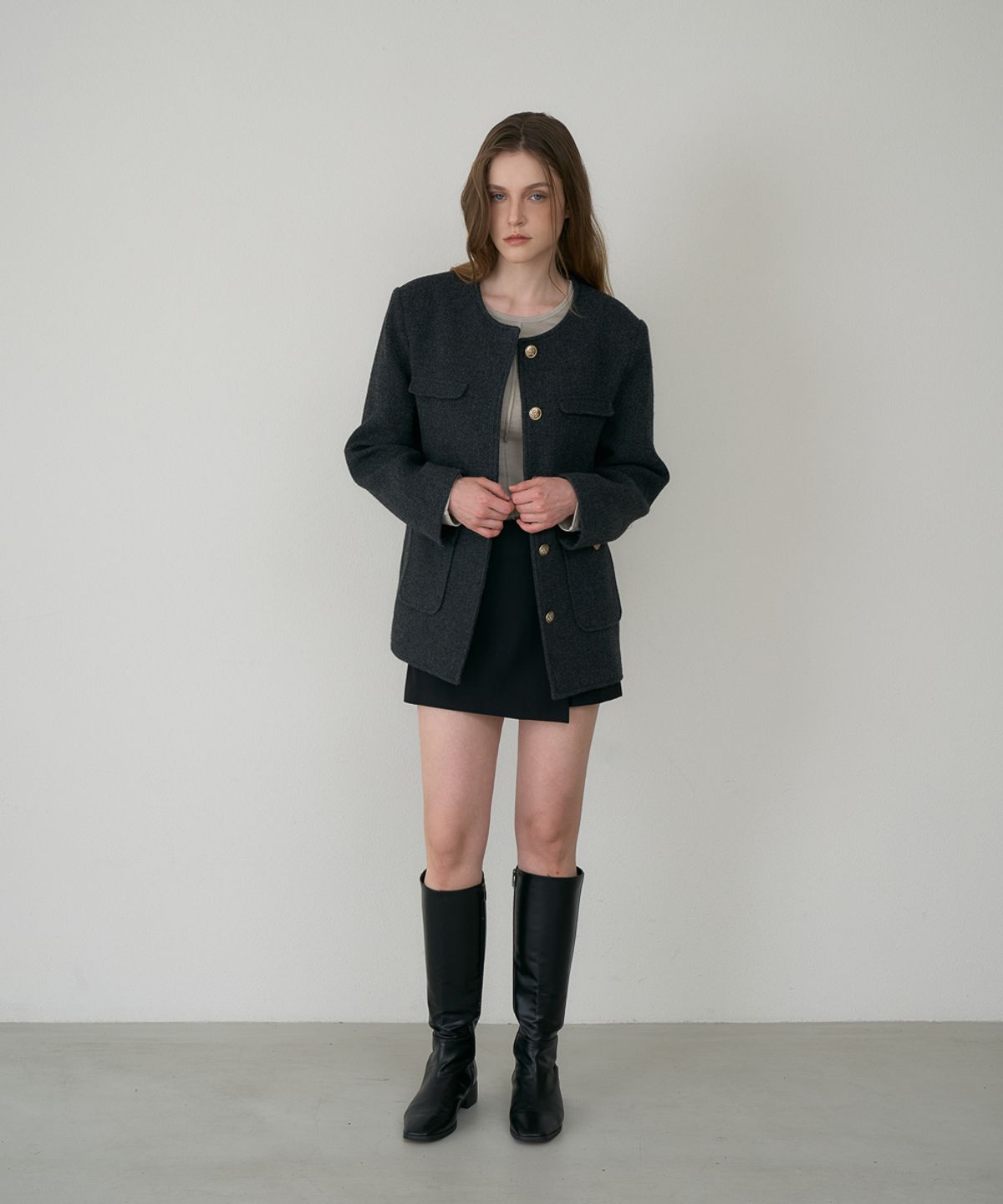 드헤베(DEHEVE) Classic Wool Collarless Jacket [Charcoal]