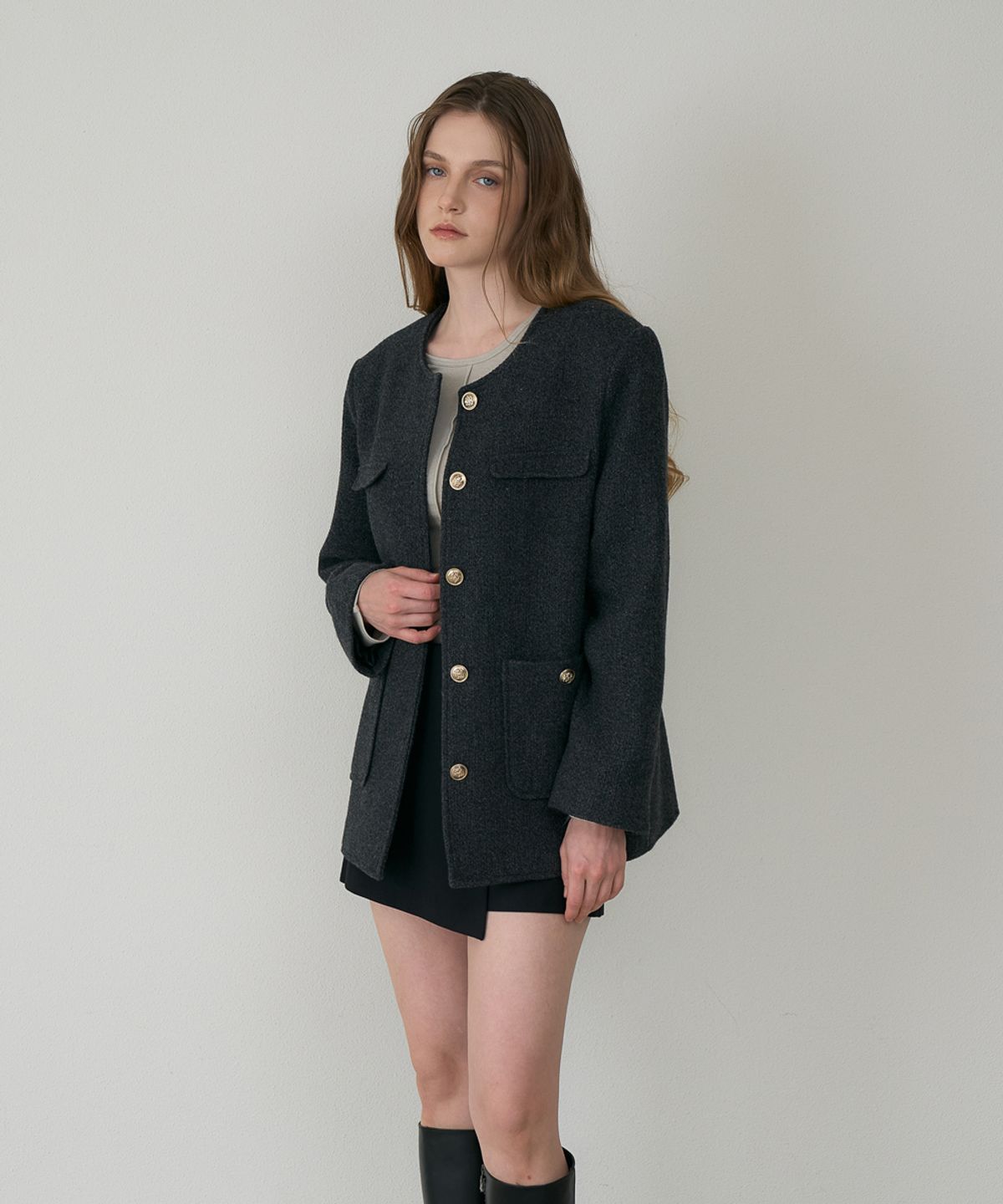 드헤베(DEHEVE) Classic Wool Collarless Jacket [Charcoal]
