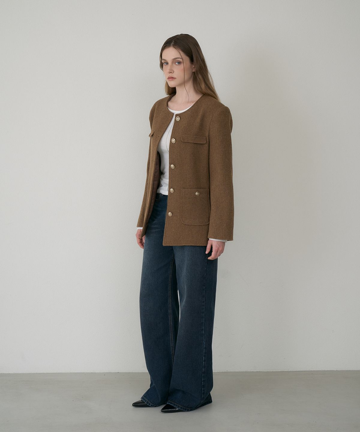 드헤베(DEHEVE) Classic Wool Collarless Jacket [Brown]