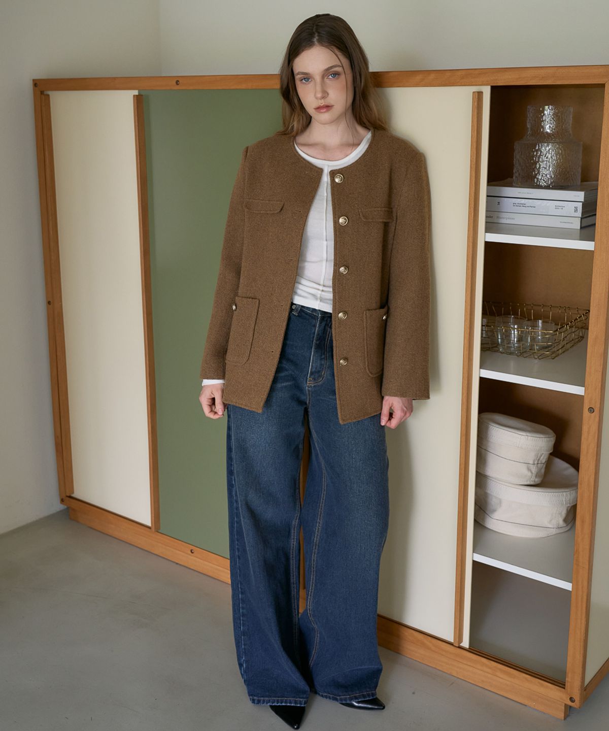 드헤베(DEHEVE) Classic Wool Collarless Jacket [Brown]
