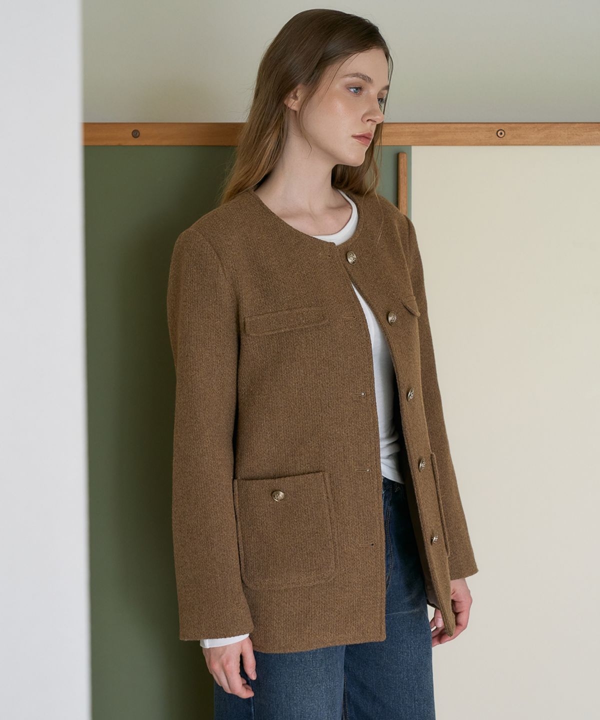 드헤베(DEHEVE) Classic Wool Collarless Jacket [Brown]