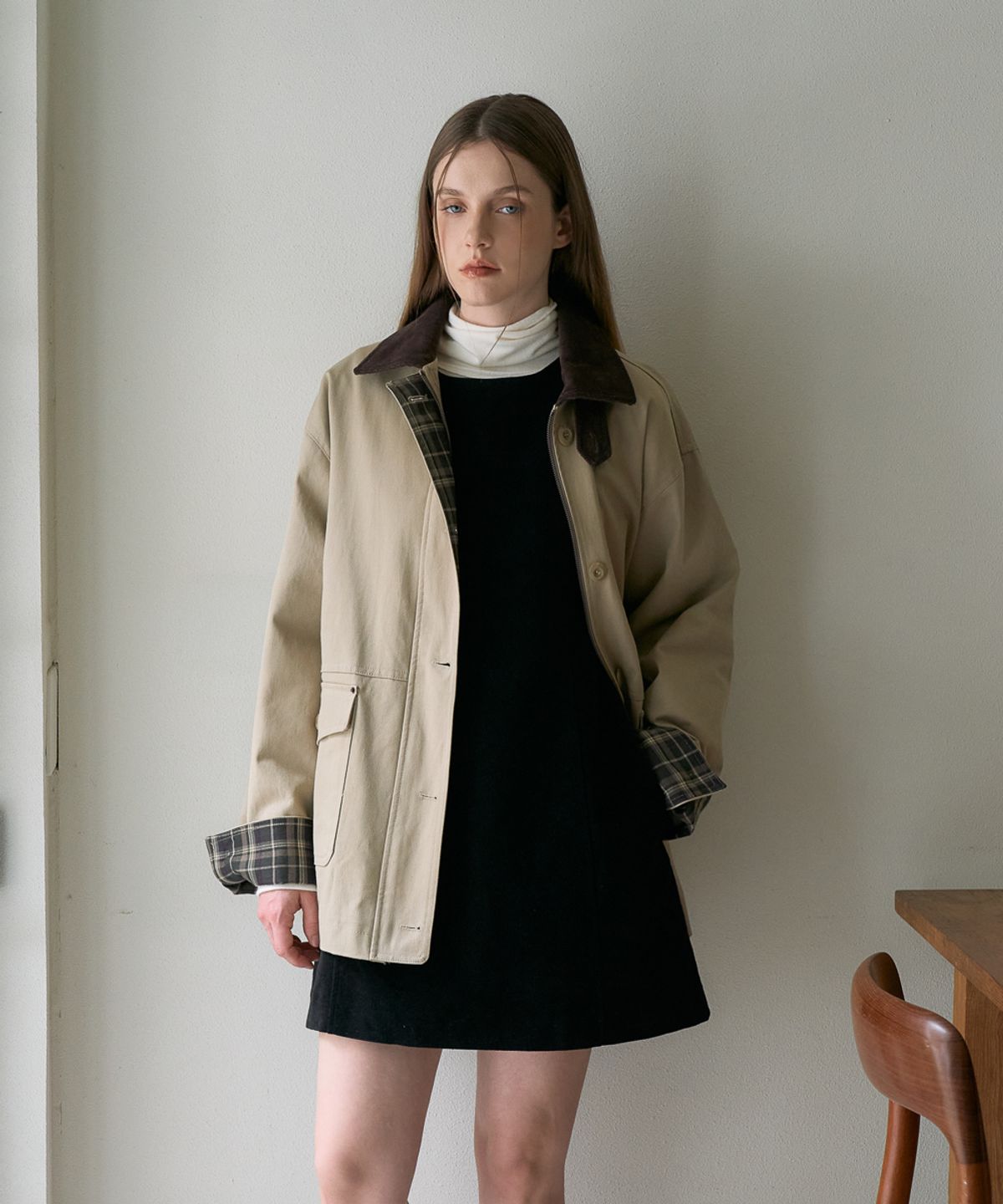 드헤베(DEHEVE) Check Sleeve Work Jacket [Beige]