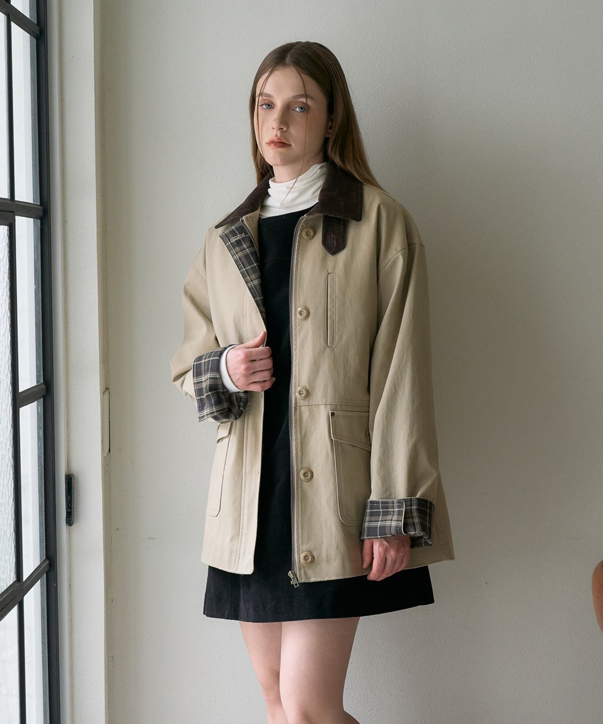 드헤베(DEHEVE) Check Sleeve Work Jacket [Beige]