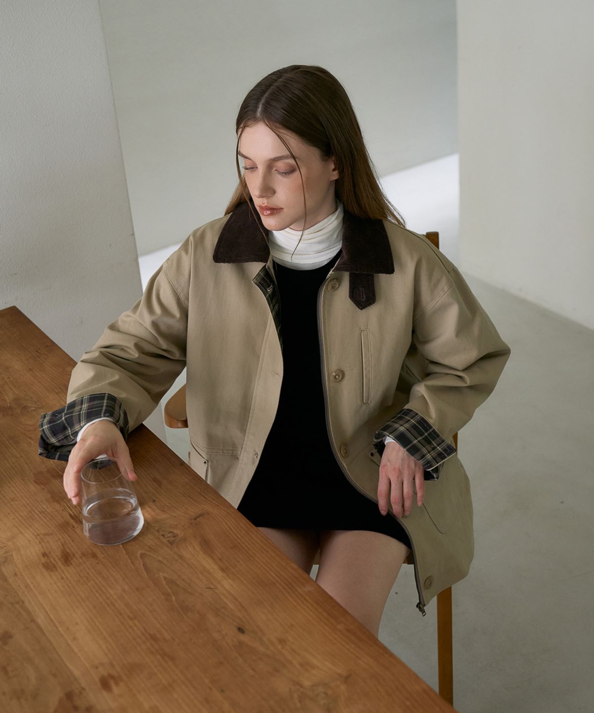 드헤베(DEHEVE) Check Sleeve Work Jacket [Beige]