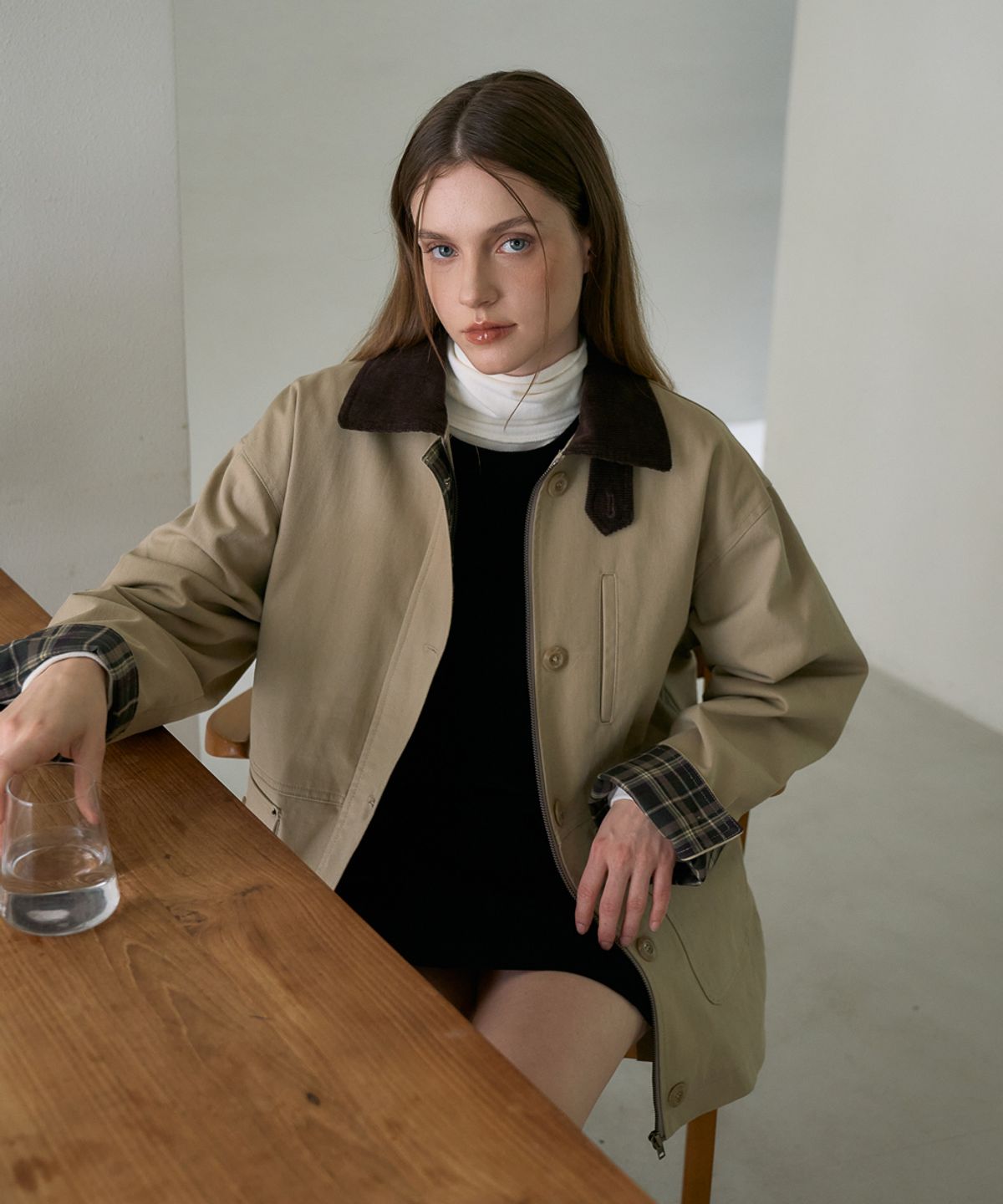드헤베(DEHEVE) Check Sleeve Work Jacket [Beige]