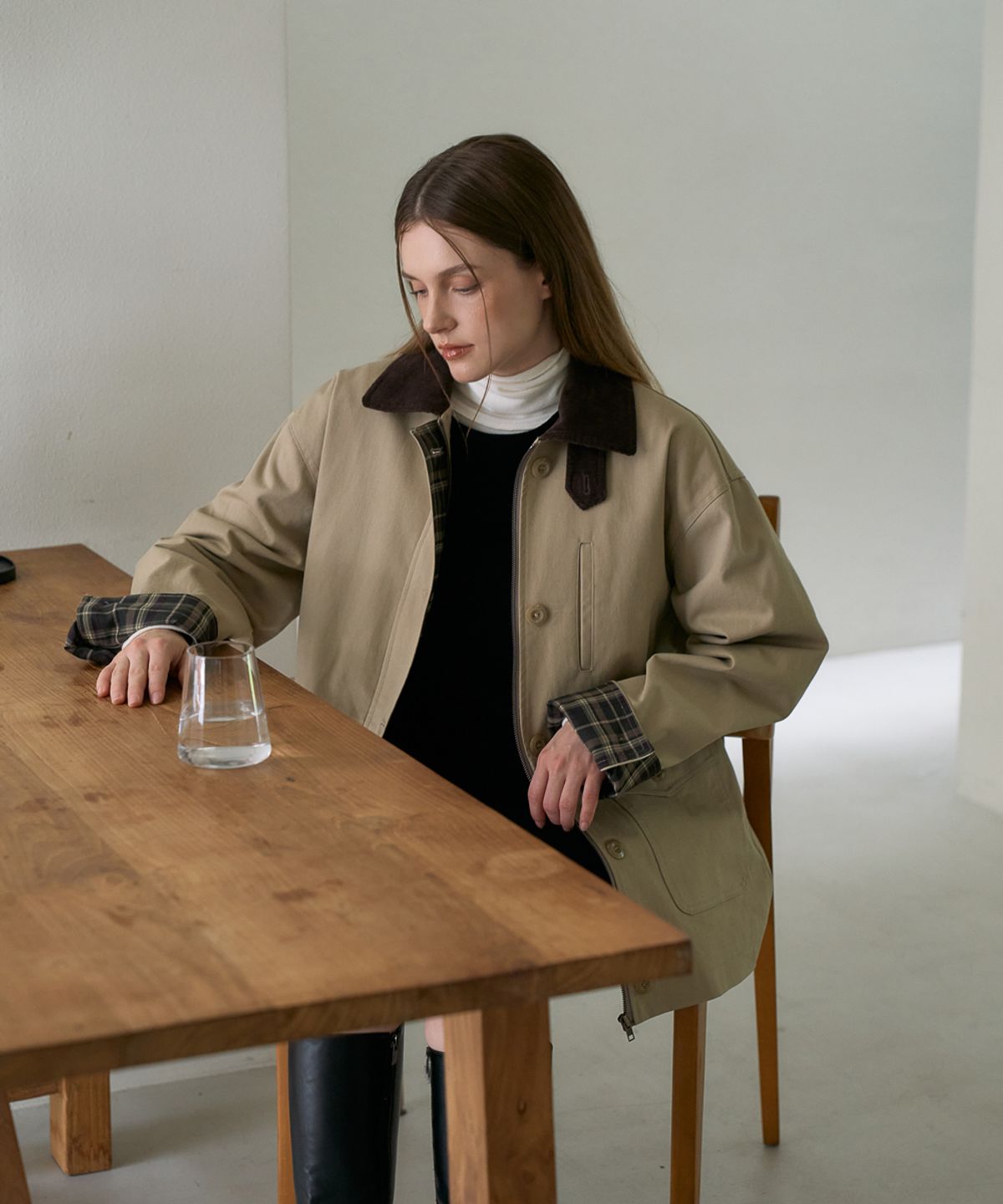 드헤베(DEHEVE) Check Sleeve Work Jacket [Beige]