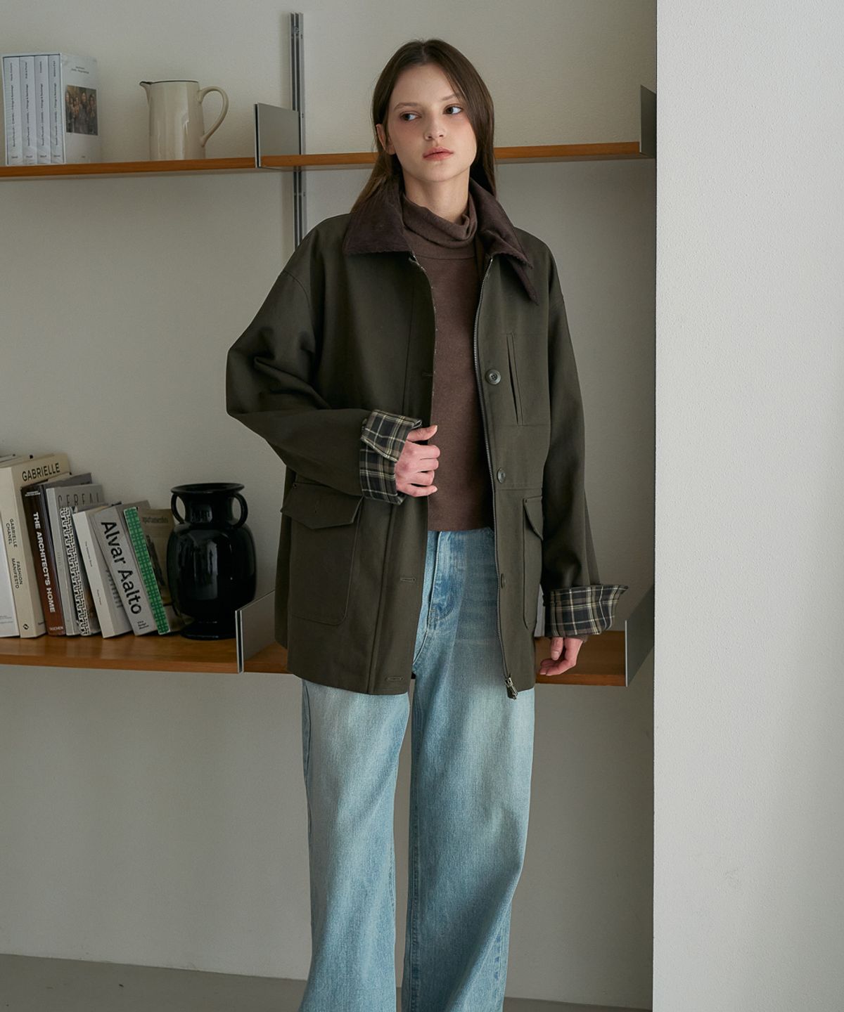 드헤베(DEHEVE) Check Sleeve Work Jacket [Khaki]