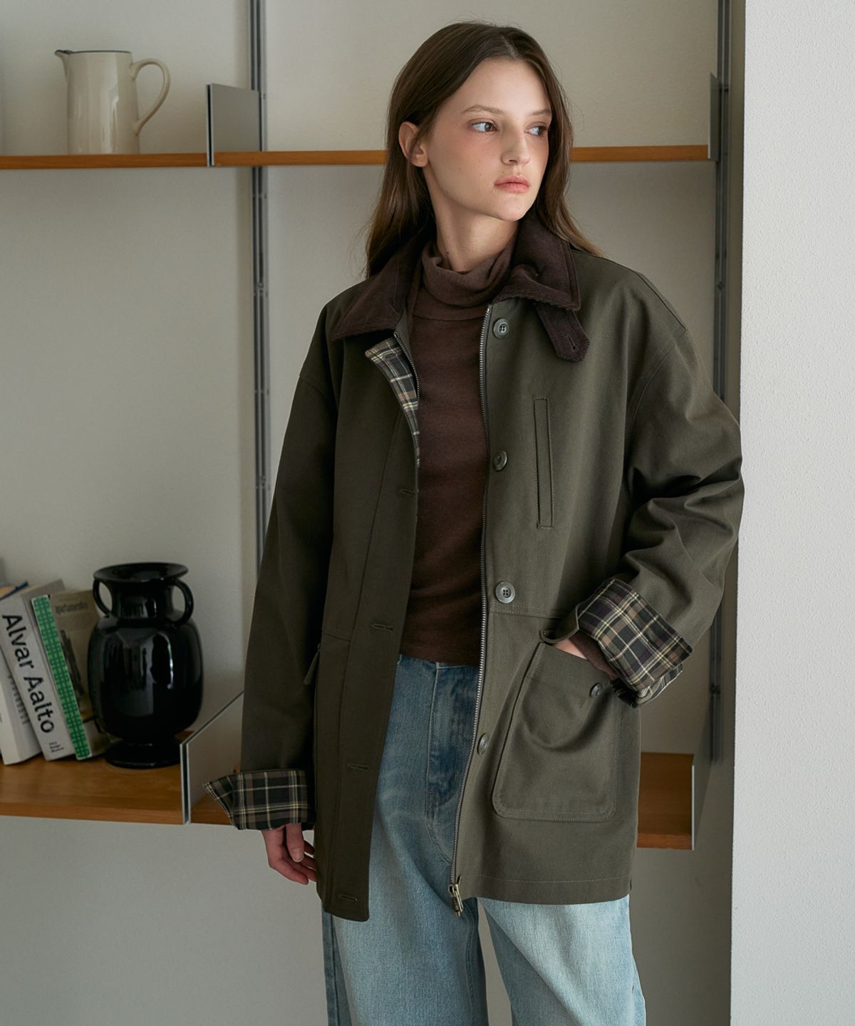 드헤베(DEHEVE) Check Sleeve Work Jacket [Khaki]