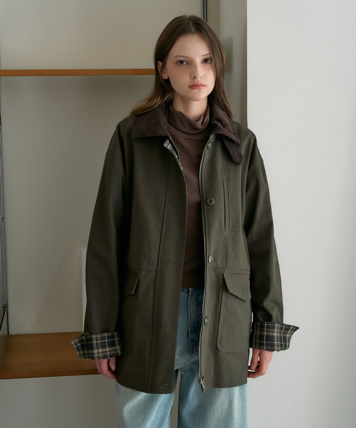 드헤베(DEHEVE) Check Sleeve Work Jacket [Khaki]