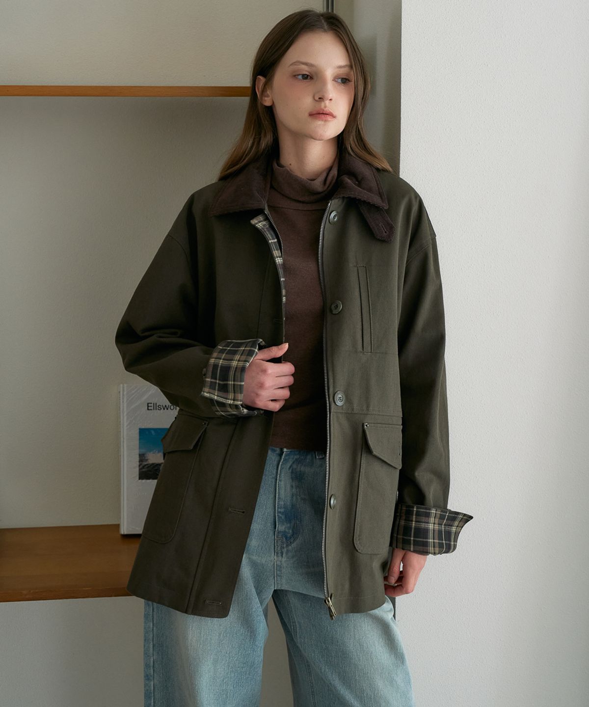 드헤베(DEHEVE) Check Sleeve Work Jacket [Khaki]