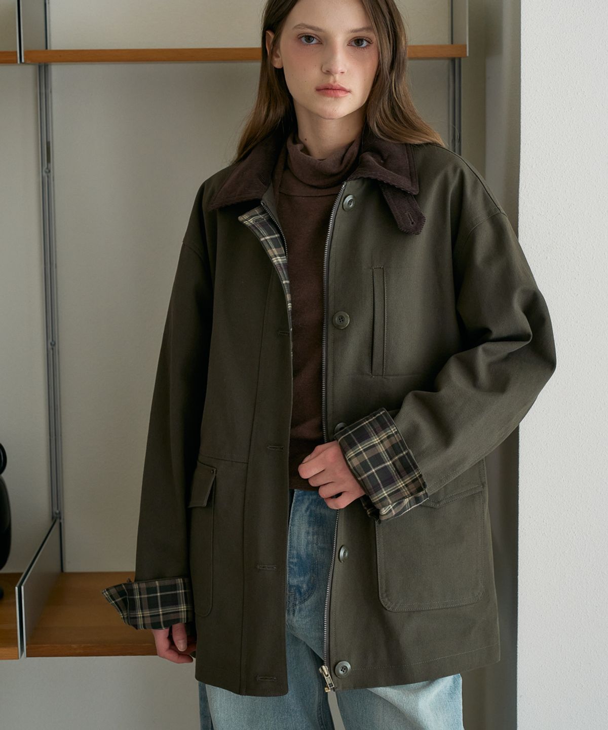 드헤베(DEHEVE) Check Sleeve Work Jacket [Khaki]