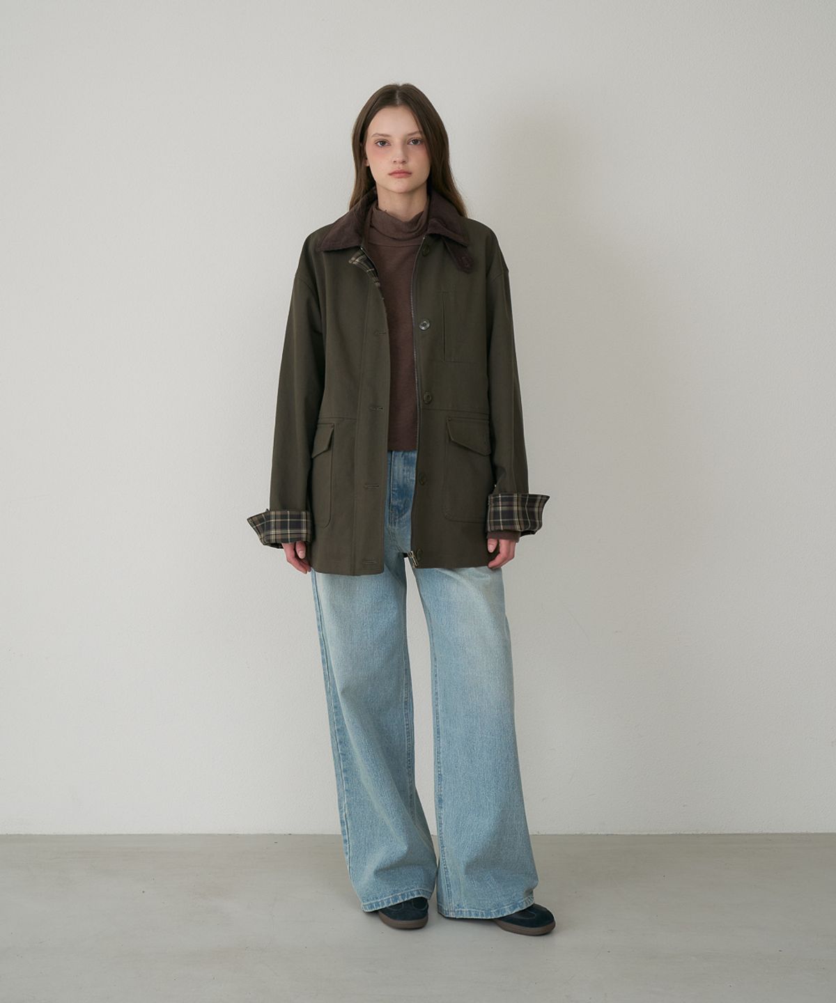 드헤베(DEHEVE) Check Sleeve Work Jacket [Khaki]