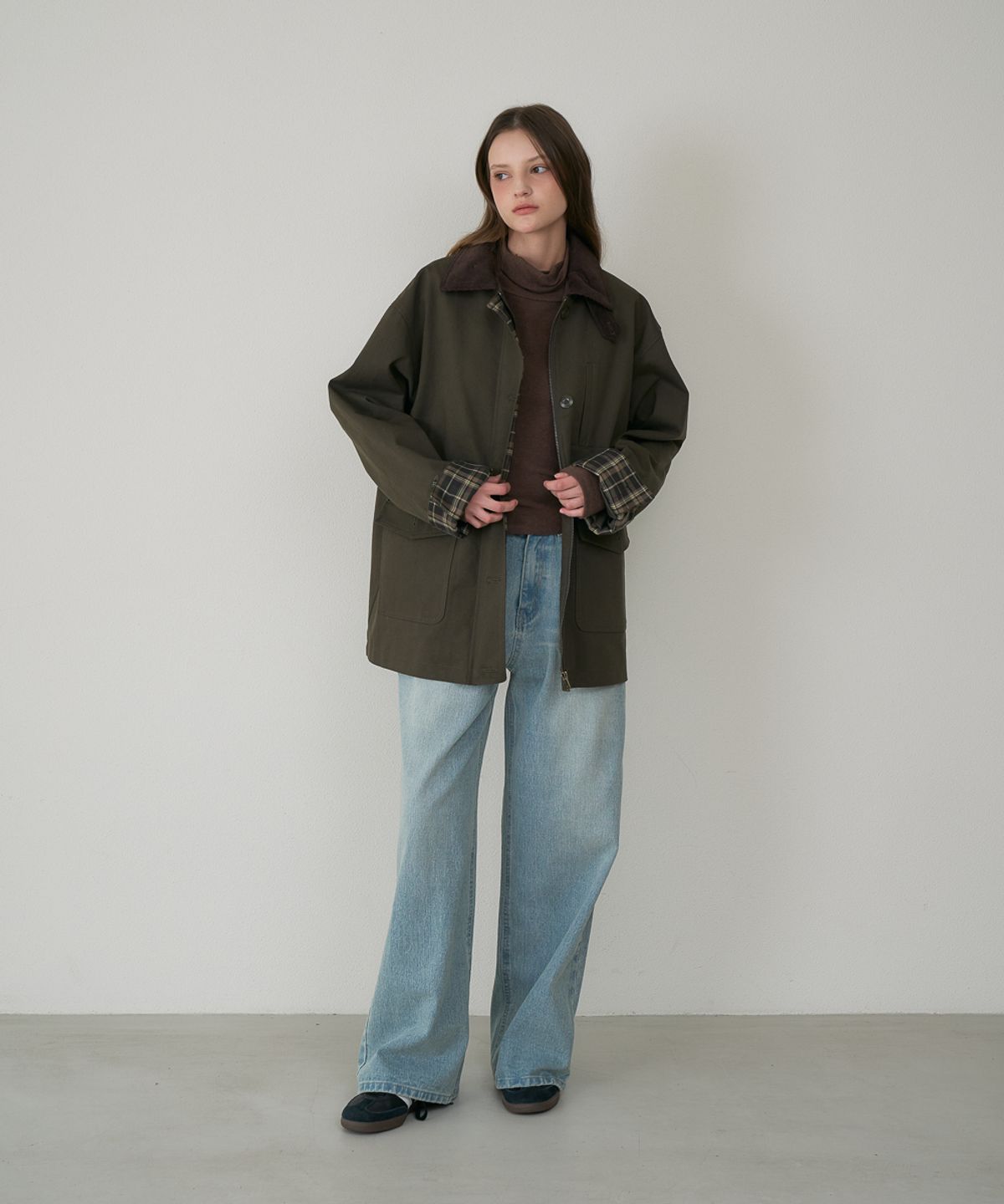 드헤베(DEHEVE) Check Sleeve Work Jacket [Khaki]