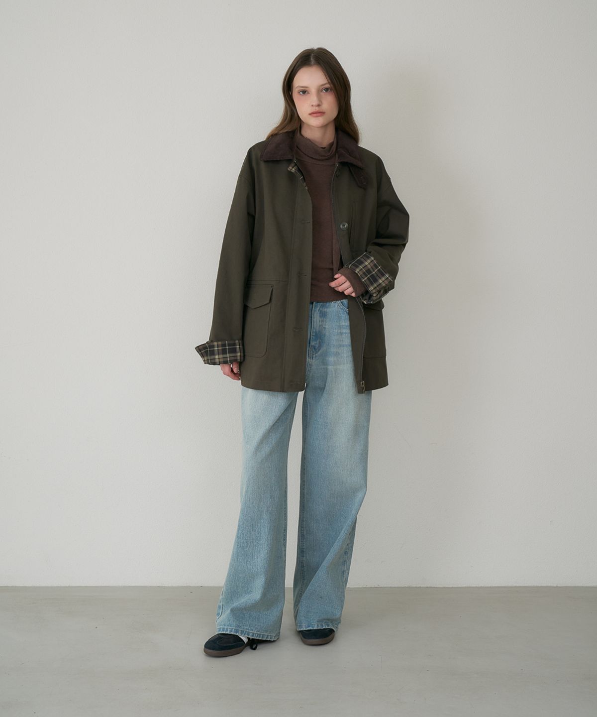 드헤베(DEHEVE) Check Sleeve Work Jacket [Khaki]
