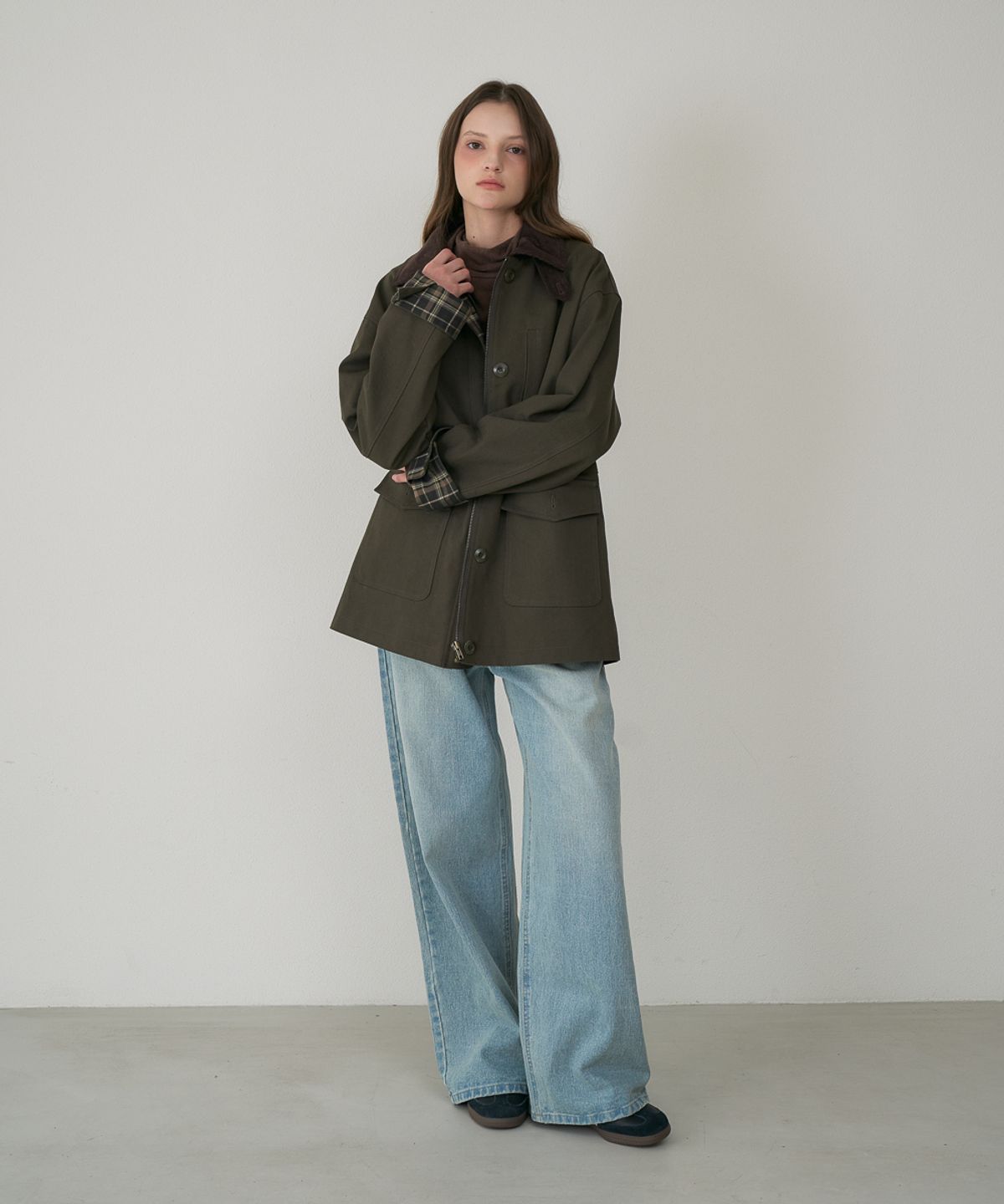 드헤베(DEHEVE) Check Sleeve Work Jacket [Khaki]