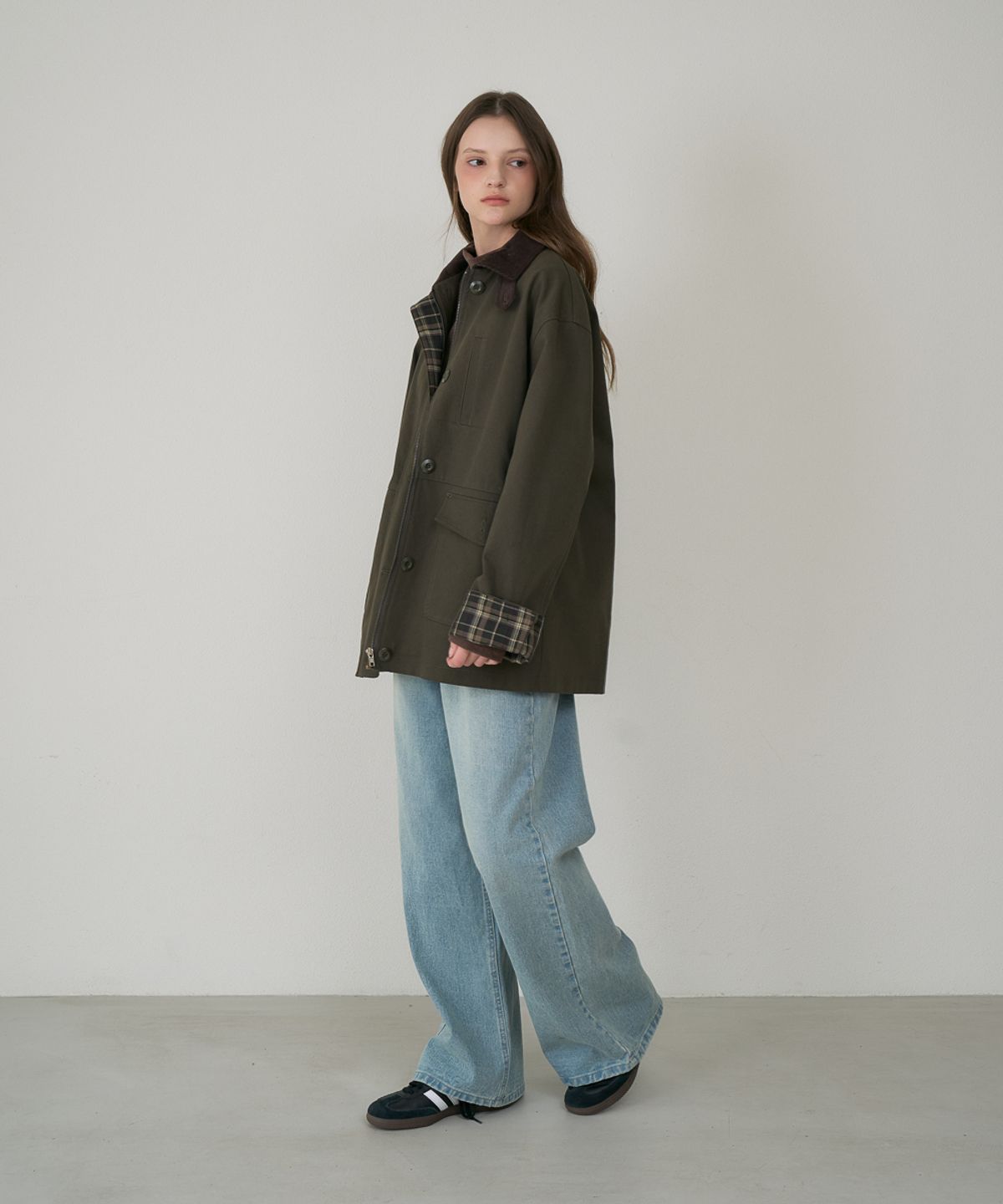 드헤베(DEHEVE) Check Sleeve Work Jacket [Khaki]