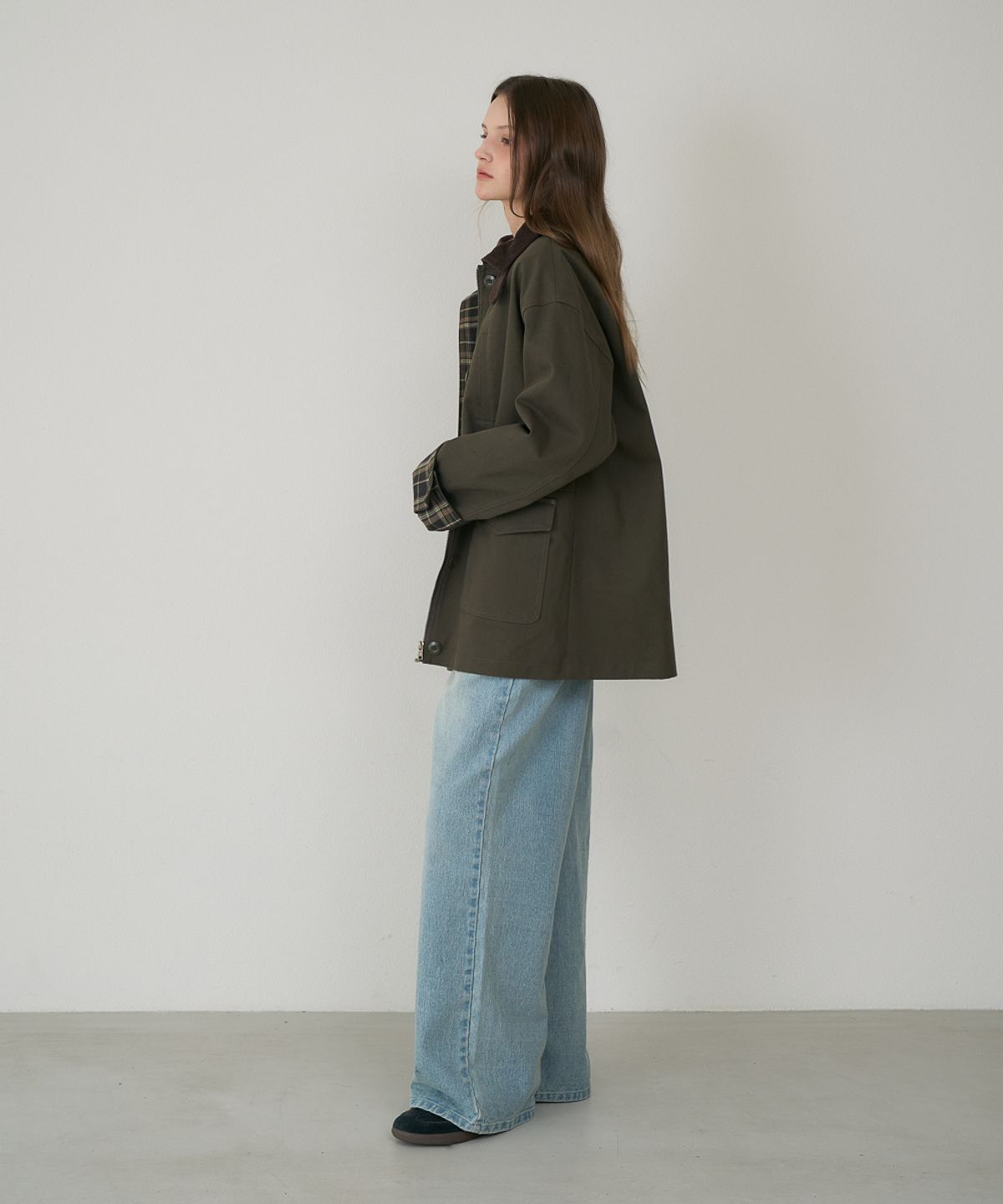 드헤베(DEHEVE) Check Sleeve Work Jacket [Khaki]