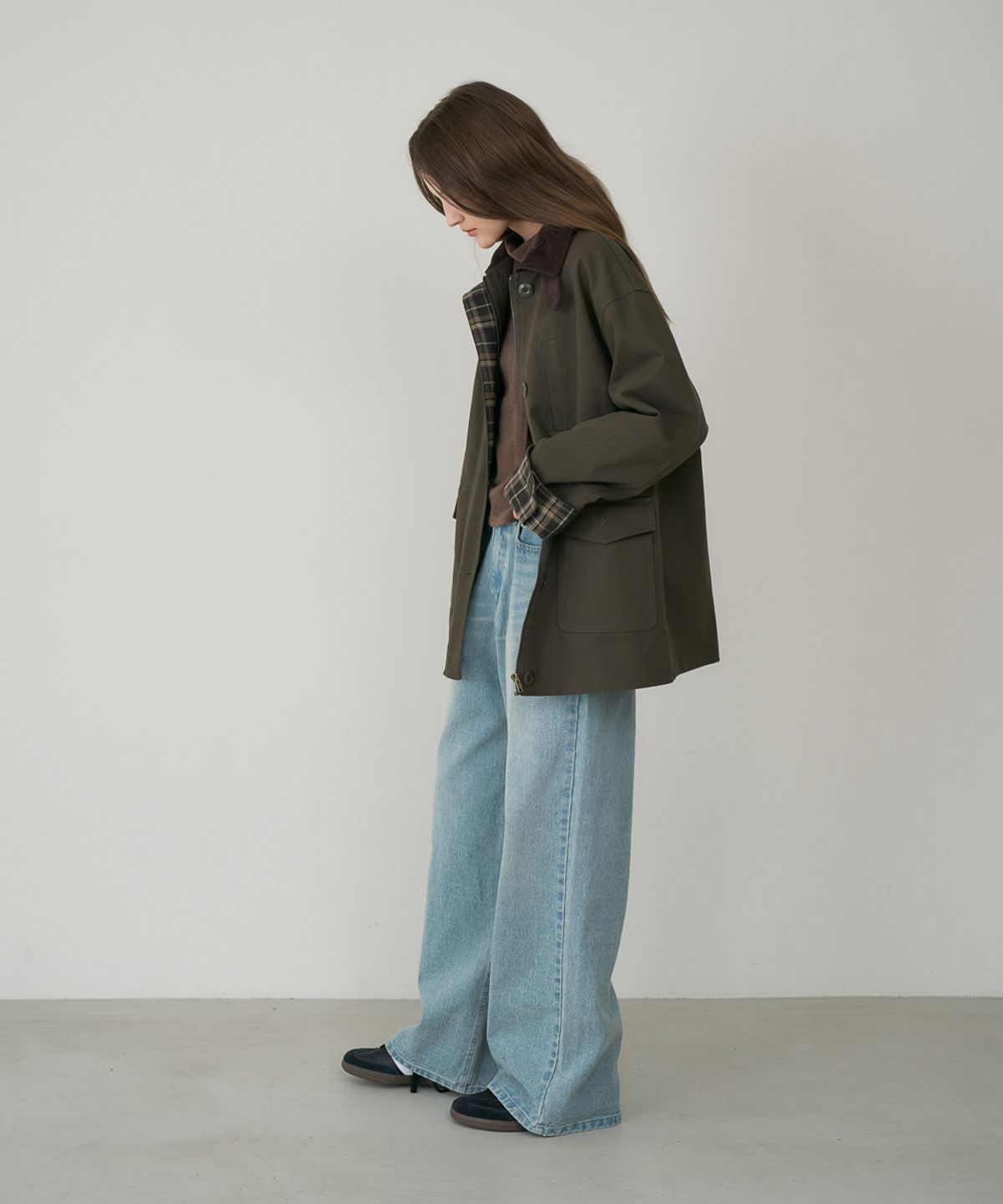 드헤베(DEHEVE) Check Sleeve Work Jacket [Khaki]