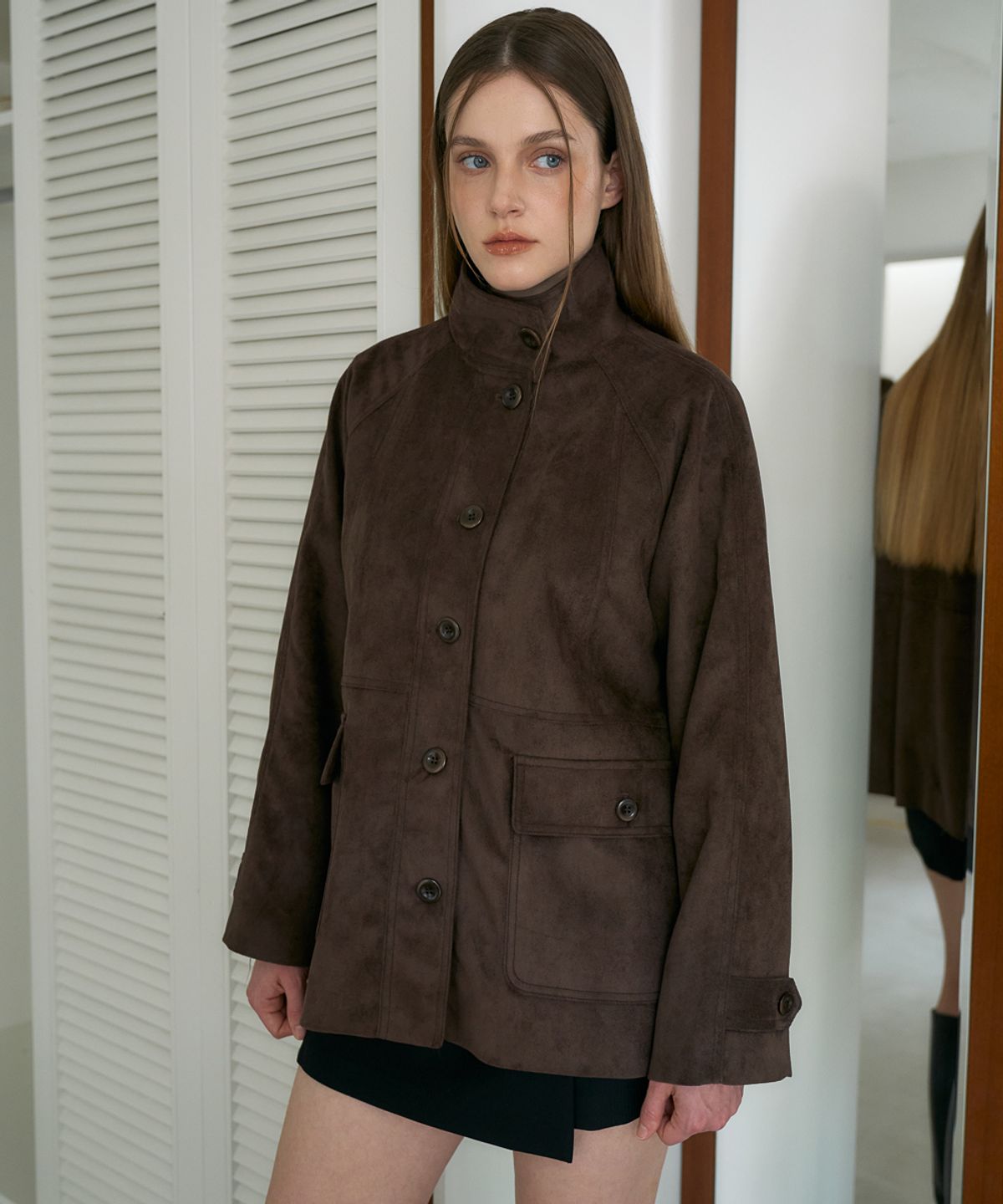드헤베(DEHEVE) Suede High-neck Half Jacket [Cocoa Brown]