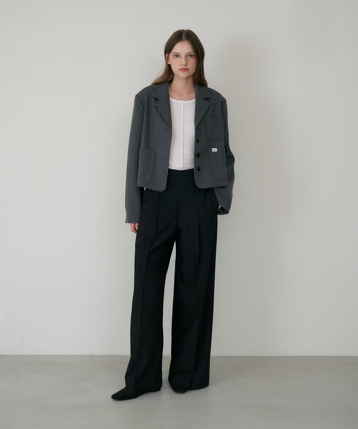 드헤베(DEHEVE) Herringbone Tailored Wool Crop Jacket [Gray]