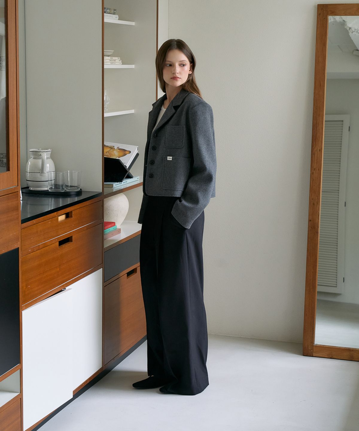 드헤베(DEHEVE) Herringbone Tailored Wool Crop Jacket [Gray]
