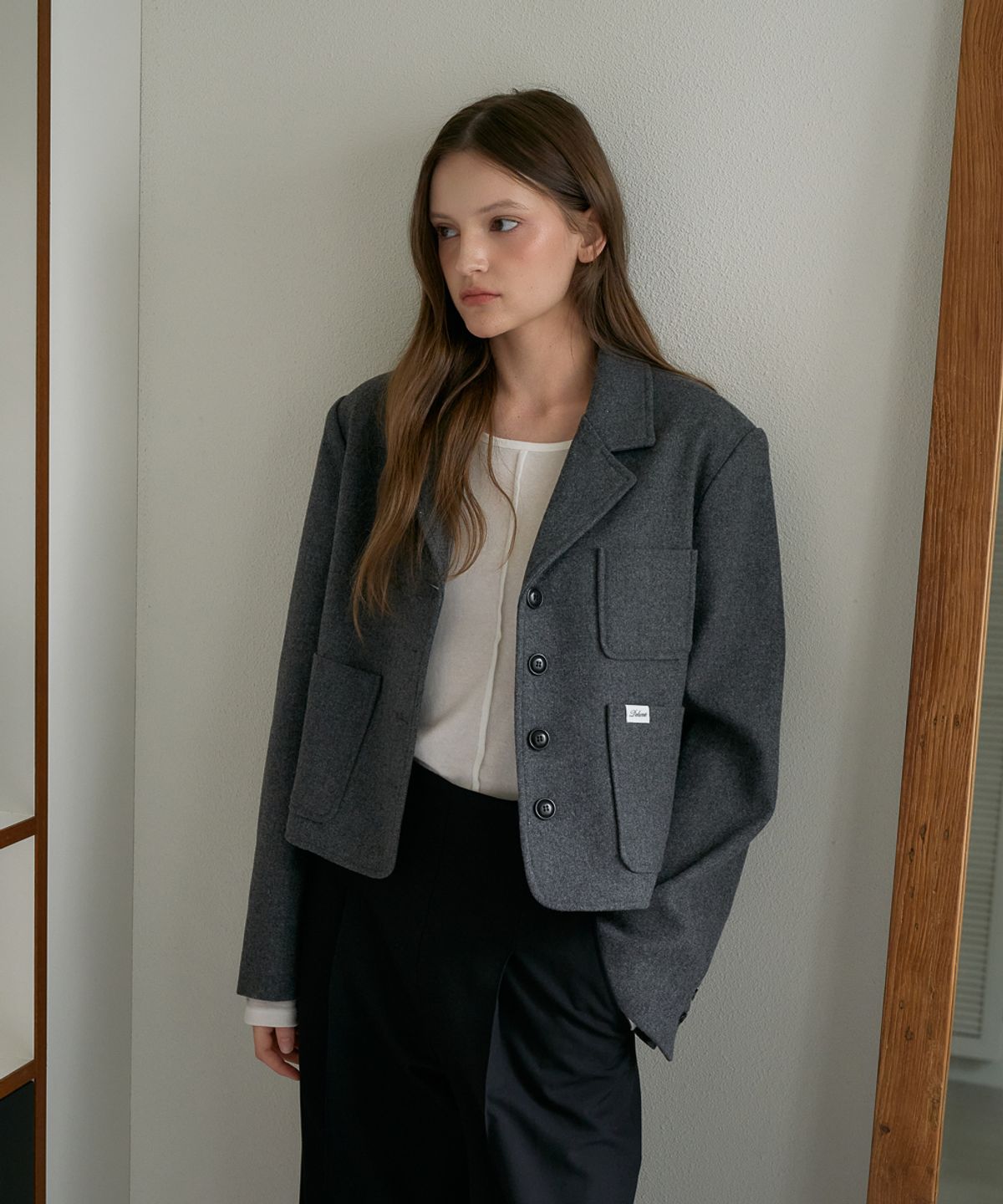 드헤베(DEHEVE) Herringbone Tailored Wool Crop Jacket [Gray]