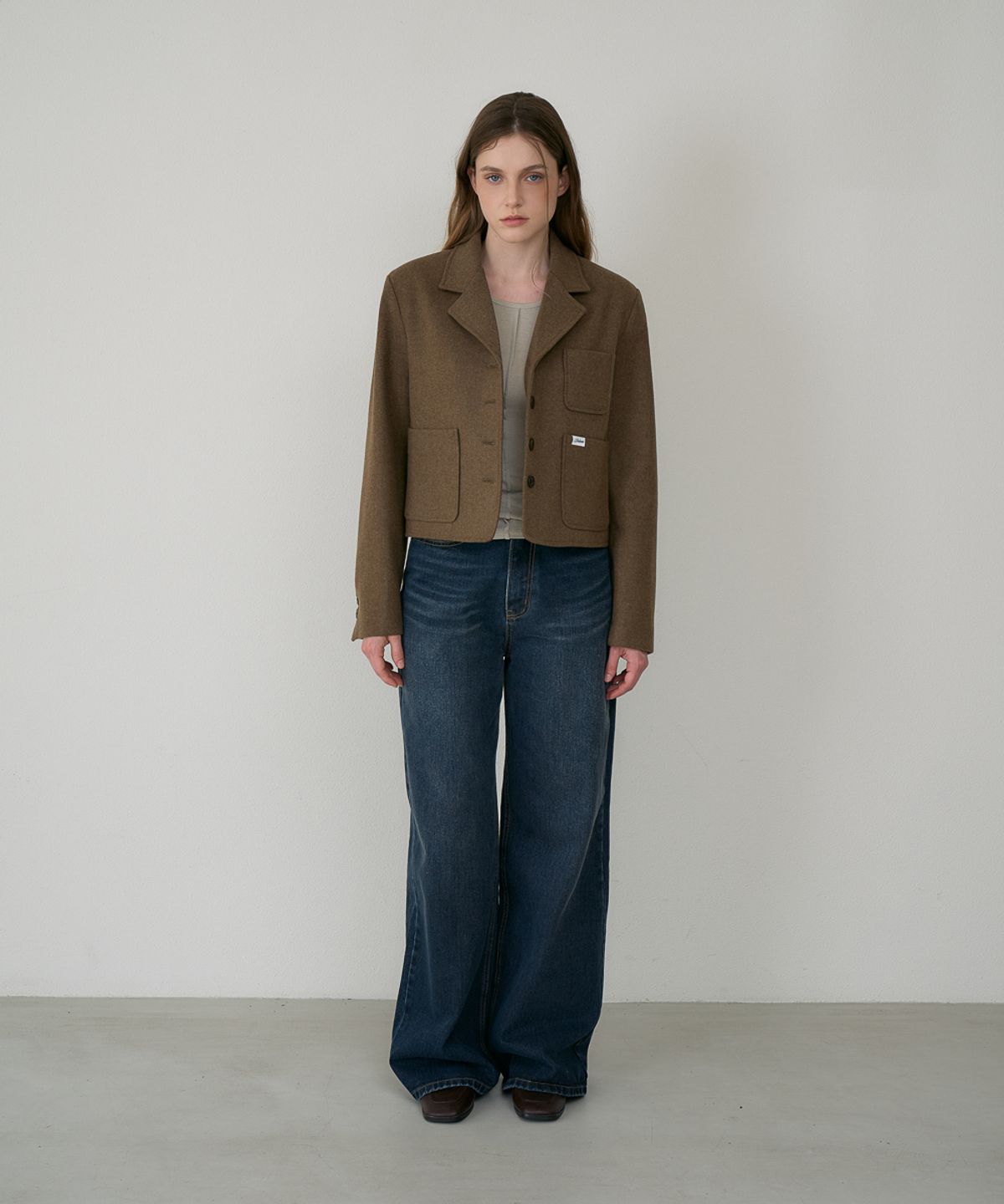 드헤베(DEHEVE) Herringbone Tailored Wool Crop Jacket [Camel]