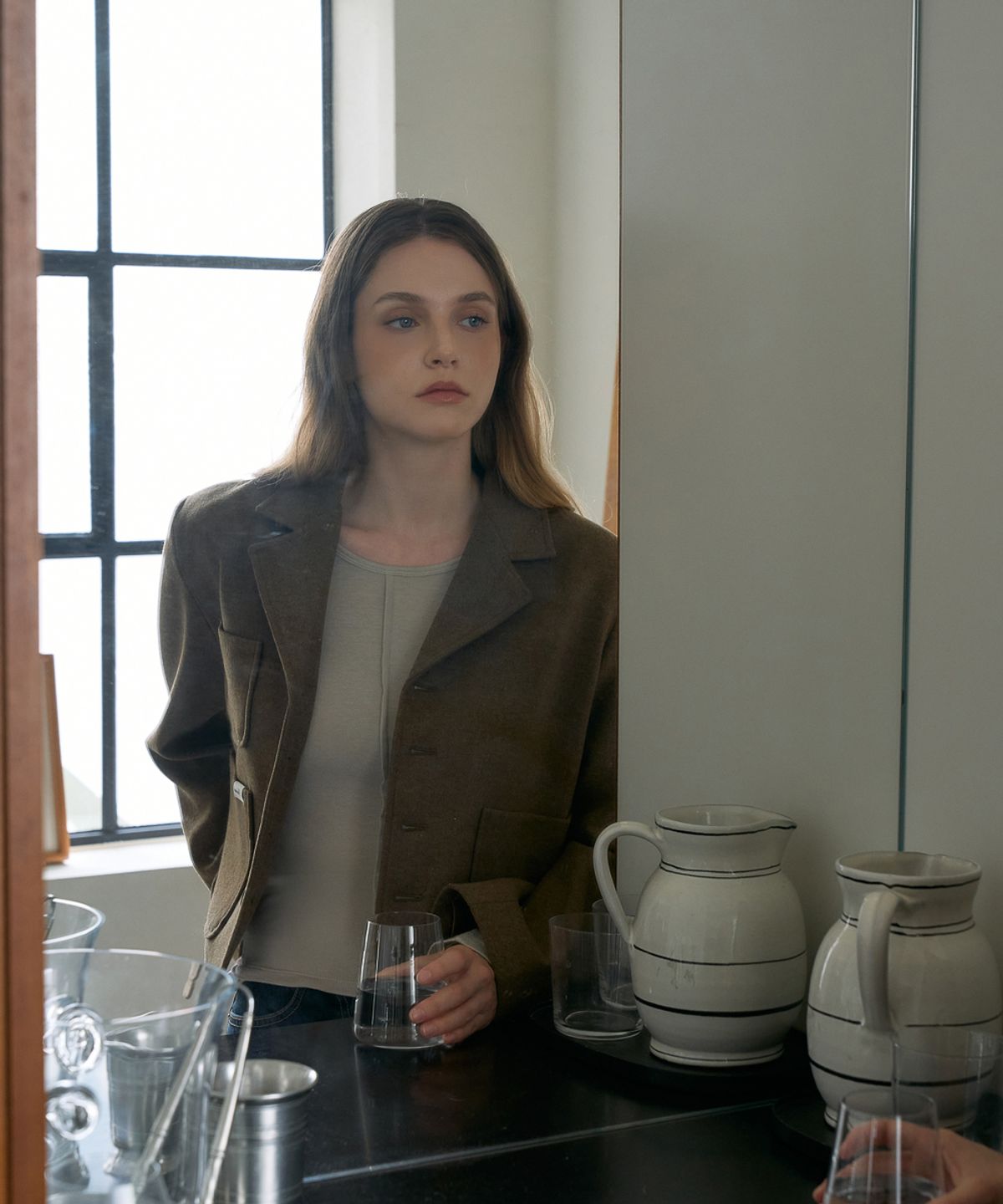 드헤베(DEHEVE) Herringbone Tailored Wool Crop Jacket [Camel]