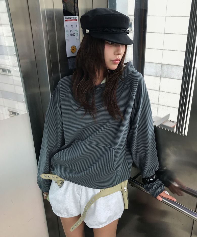 레글런 소매 스트라이프 후디-다크 민트