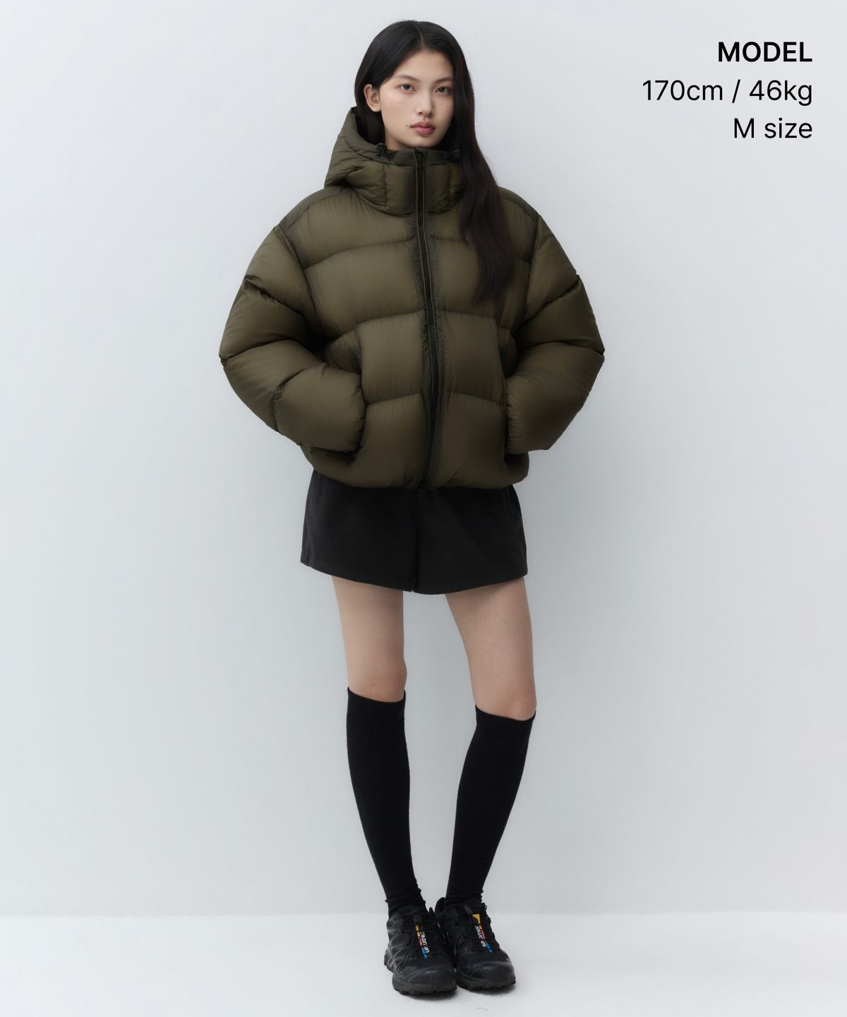 무신사 스탠다드 우먼(MUSINSA STANDARD WOMAN) 우먼즈 시어 후디드 다운 숏 패딩 재킷 [카키 브라운]