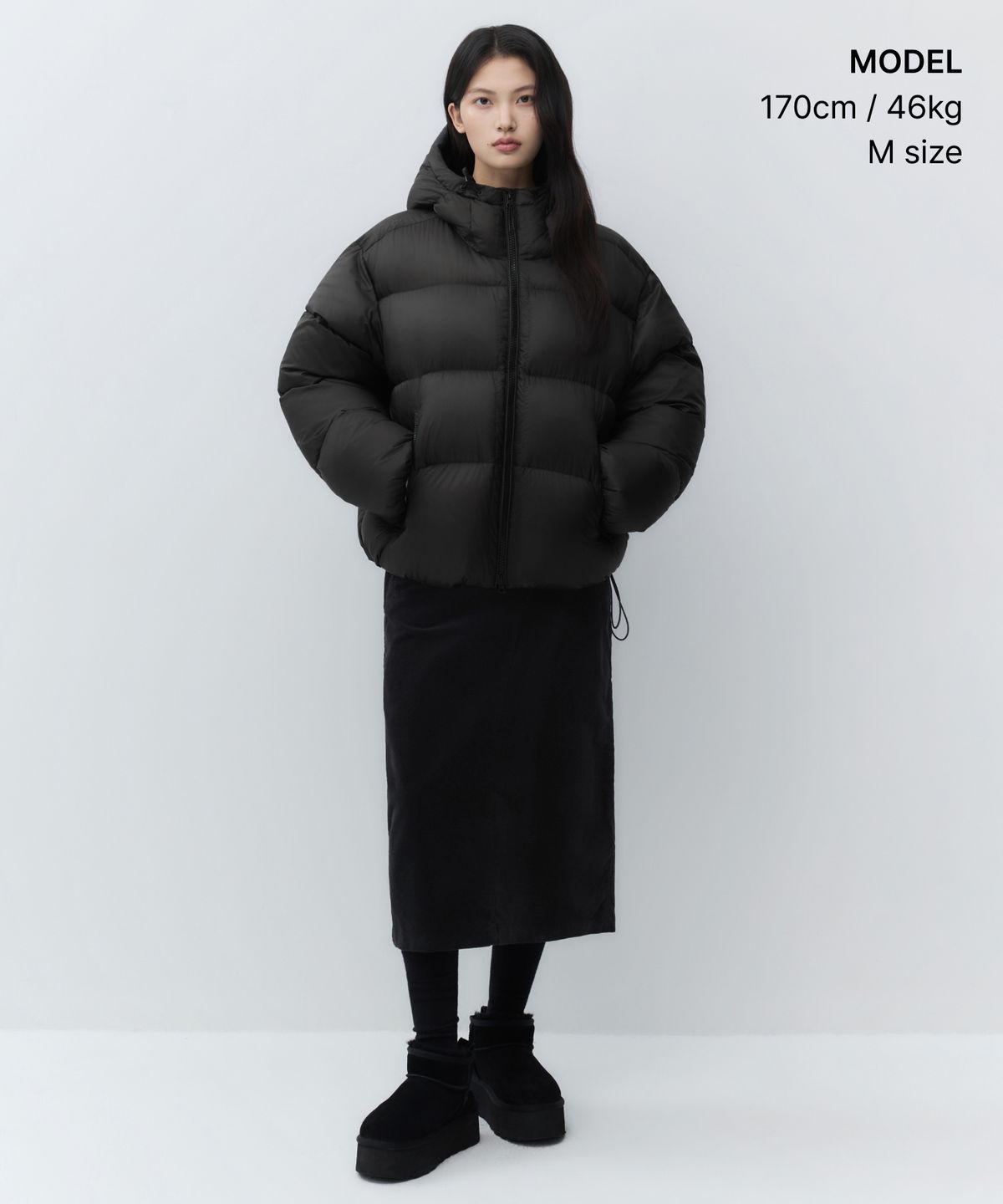 무신사 스탠다드 우먼(MUSINSA STANDARD WOMAN) 우먼즈 시어 후디드 다운 숏 패딩 재킷 [건메탈]