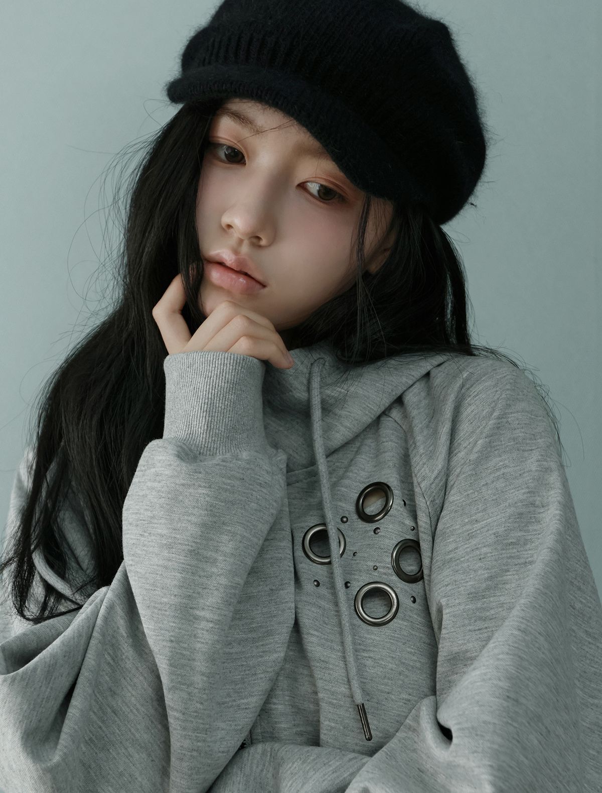 루프(LOOXP) 나그랑 아일렛 오버핏 후드집업 그레이