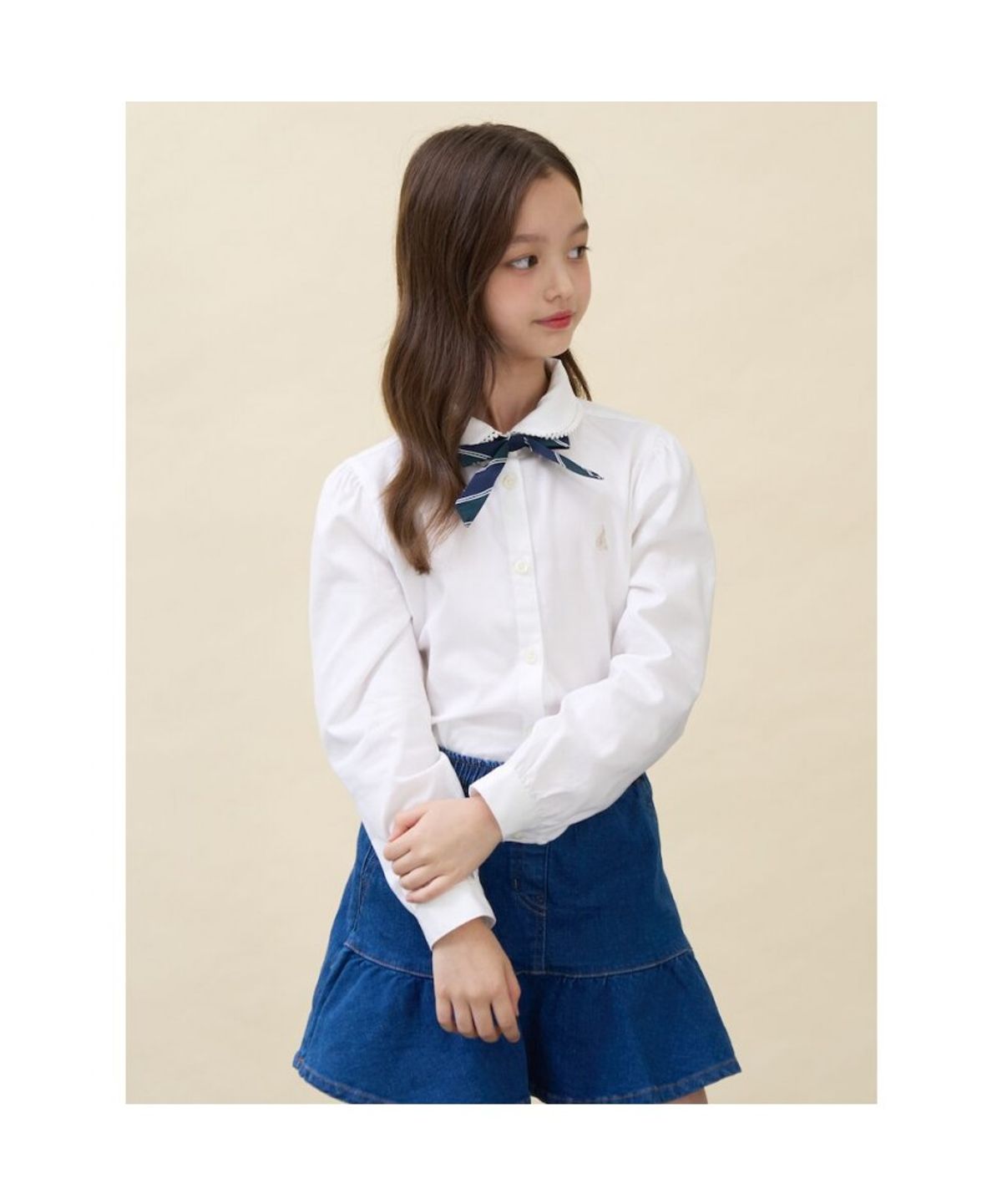 빈폴 키즈(BEANPOLE KIDS) [Essential] 여아 옥스포드 셔츠 & 리본타이 세트  화이트 (BI6764GE11)