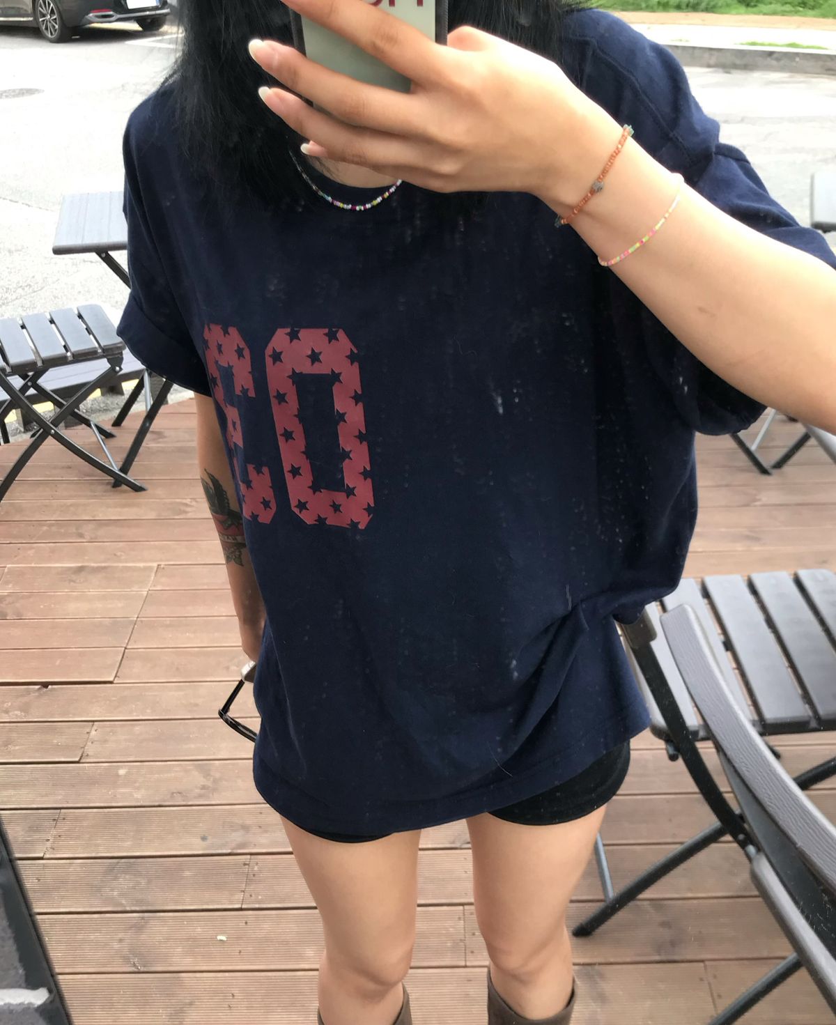 아모우(AMOU) 03스타 하프 티셔츠 네이비