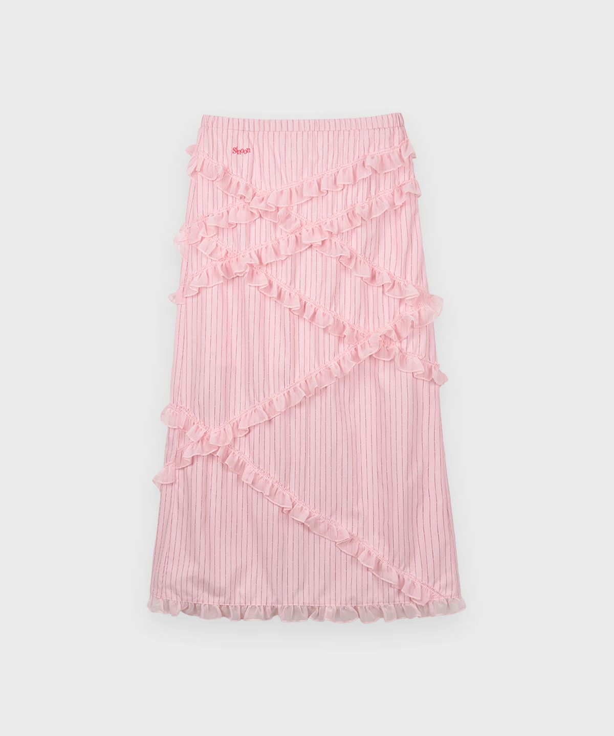 시눈(SINOON) Chiffon Frill Stripe Long Skirt (Pink)