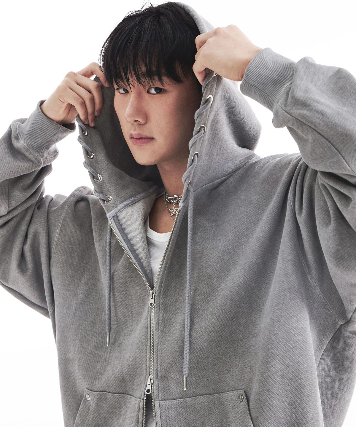시데라(SIDERA) Eyelets Stone Hotfix Hoodie [Unisex/Gray]