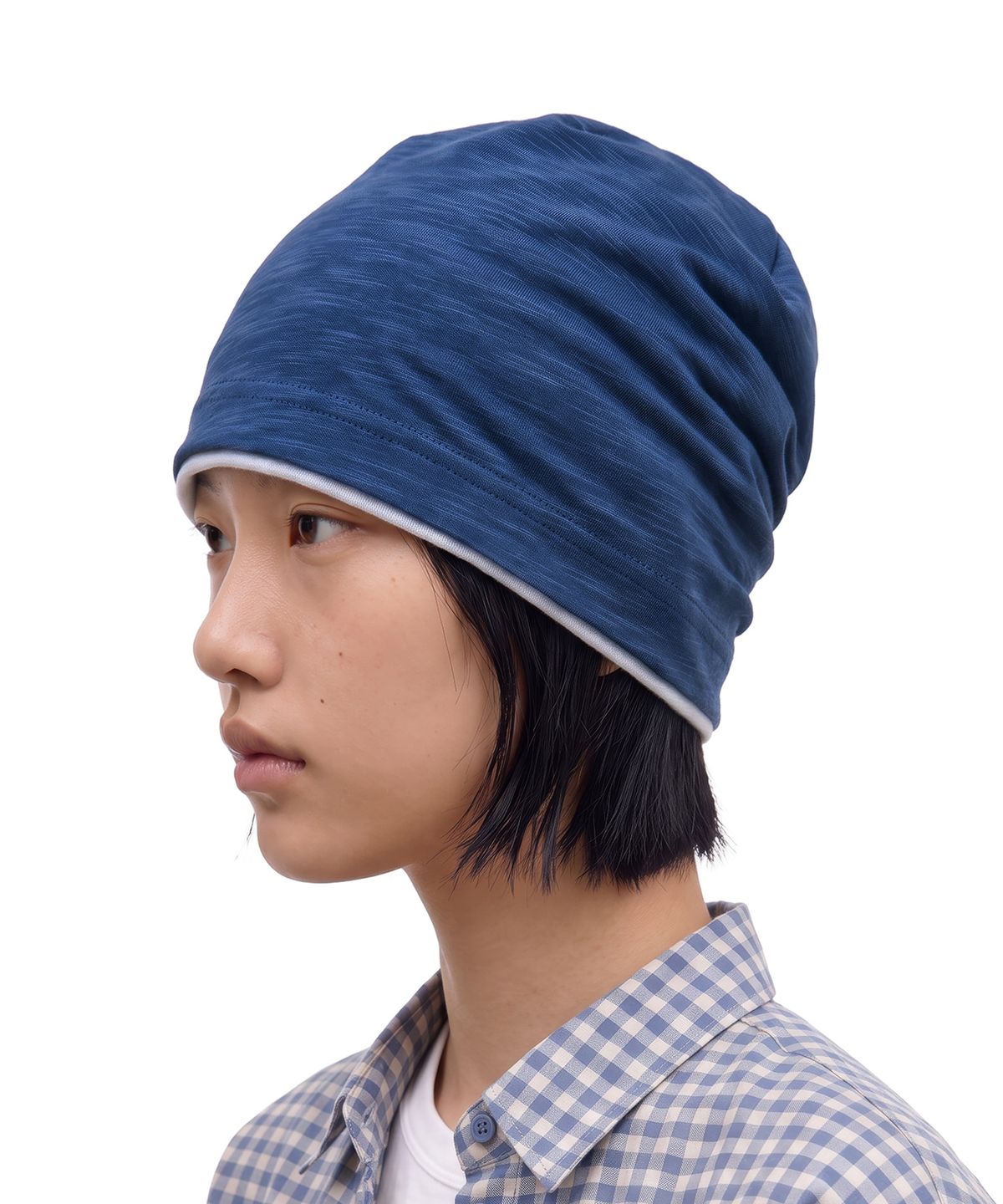 언더컨트롤(UNDERCONTROL) 쿨 투톤 배색 코튼 롱 루즈핏 모자 BEANIE / LAYERED SLUB / BLUE