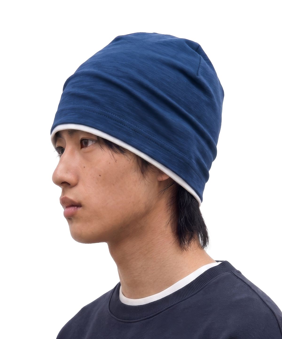언더컨트롤(UNDERCONTROL) 쿨 투톤 배색 코튼 롱 루즈핏 모자 BEANIE / LAYERED SLUB / BLUE