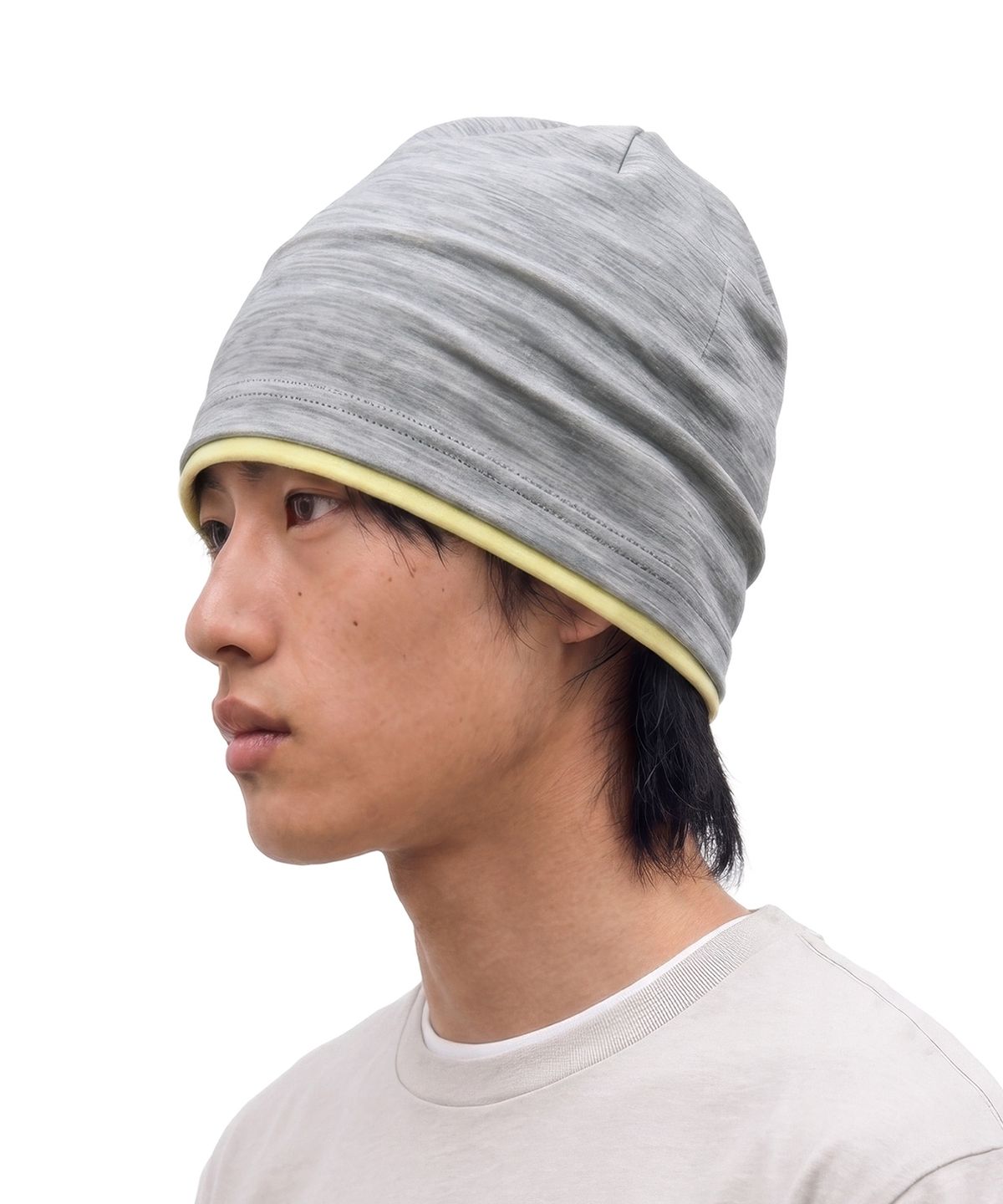 언더컨트롤(UNDERCONTROL) 쿨 투톤 배색 코튼 롱 루즈핏 모자 BEANIE / LAYERED SLUB / LIGHT GREY