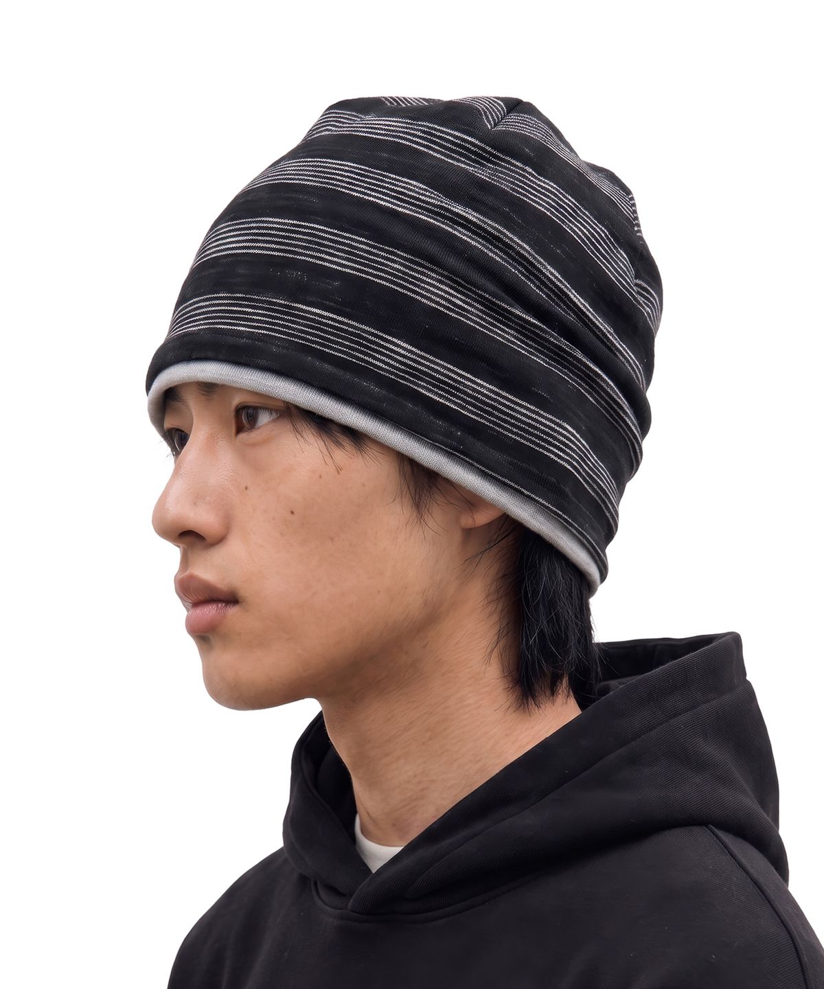 언더컨트롤(UNDERCONTROL) 쿨 투톤 배색 코튼 롱 루즈핏 모자 BEANIE / LAYERED SLUB / STRIPE BLACK
