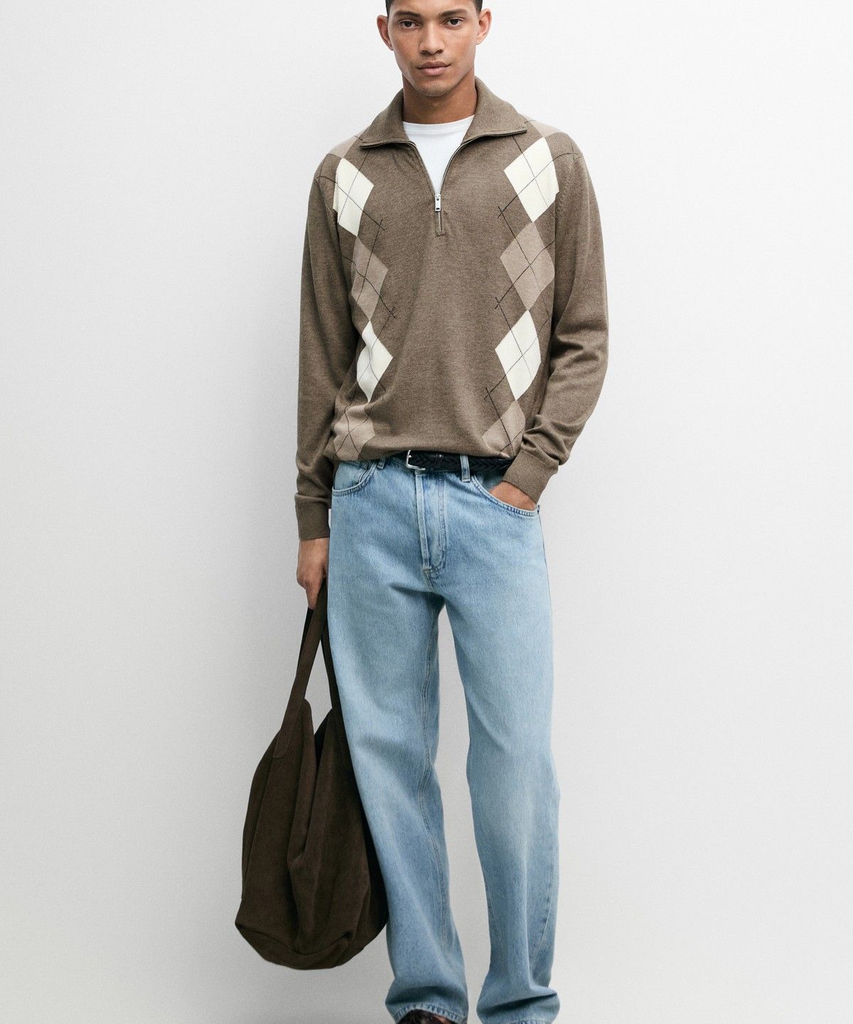 마시모두띠(MASSIMO DUTTI) 아가일 패턴 지퍼 모크넥 니트 스웨터