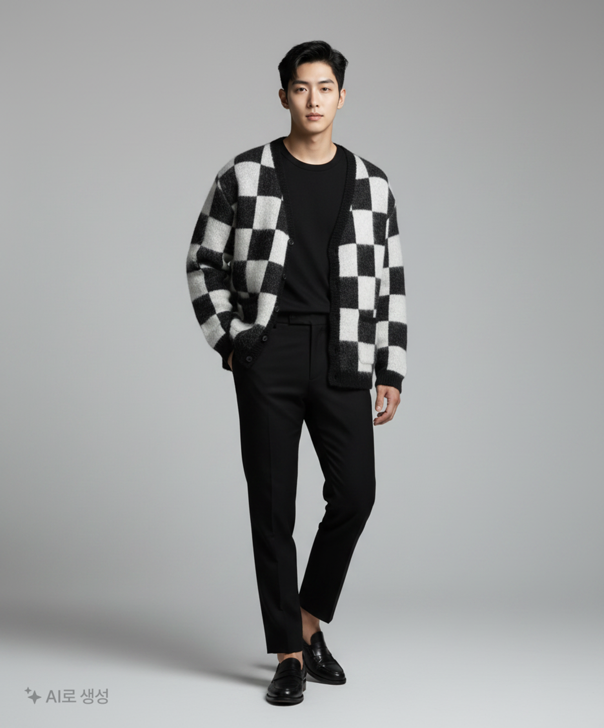 벌스원(VERSE ONE) CHECKERED JACQUARD MOHAIR BLEND CARDIGAN BLACK/WHITE M